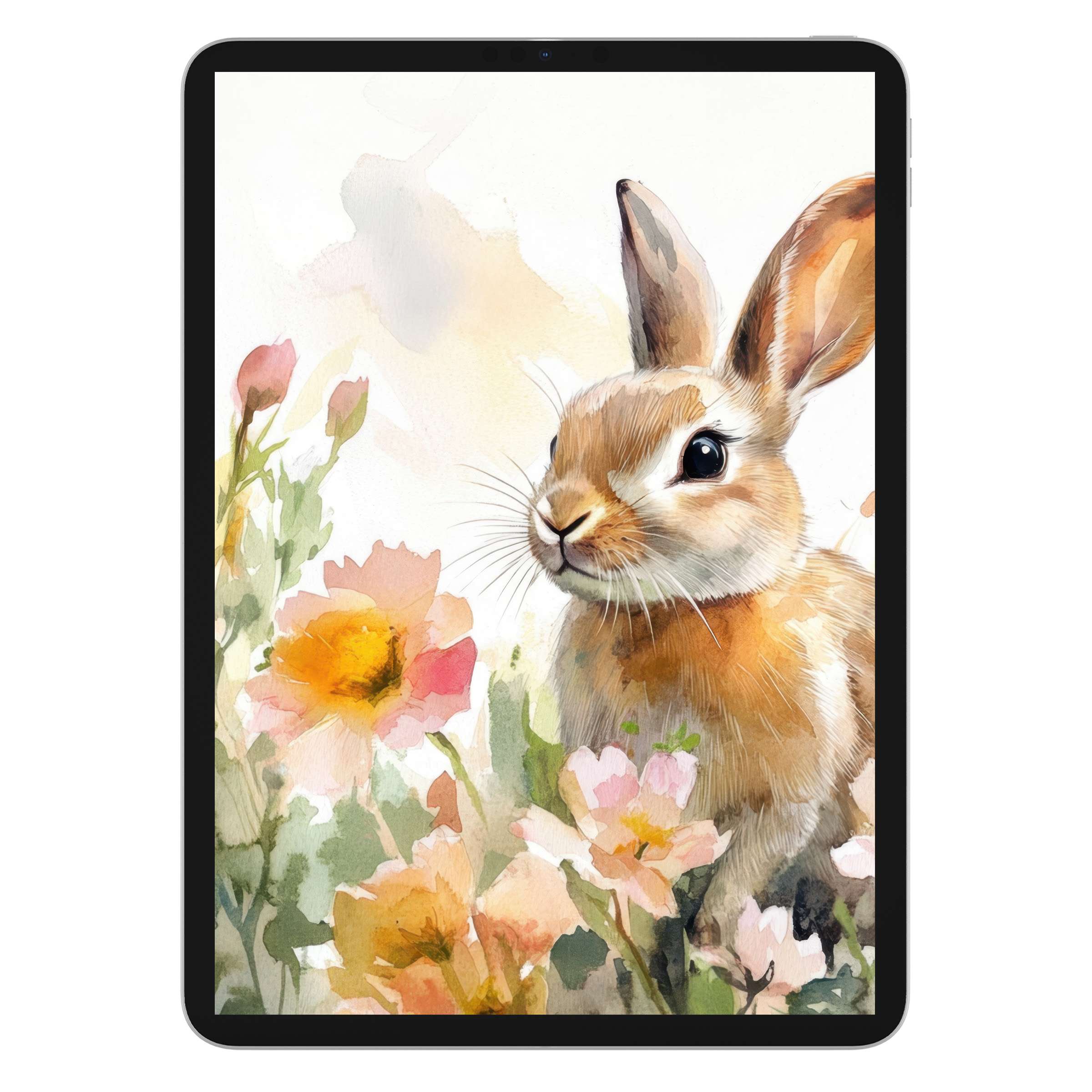 Easter iPad wallpaper featuring a watercolor rabbit among soft-hued flowers, perfect digital download background for all tablets