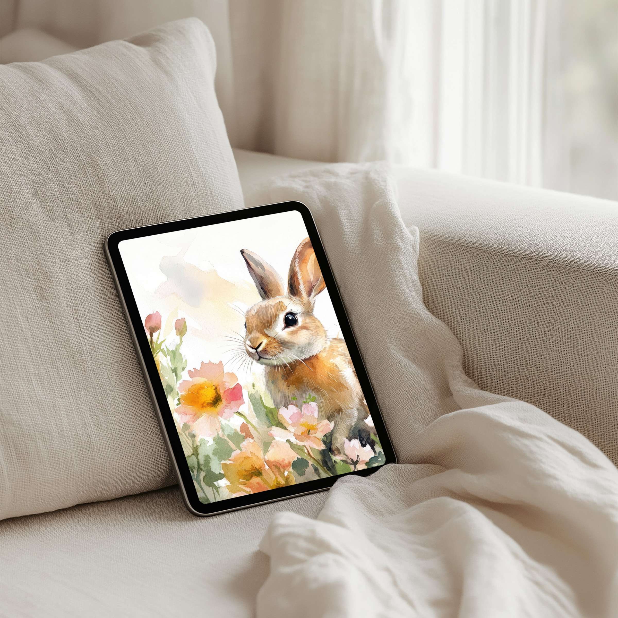 Calm and elegant iPad background featuring a painterly rabbit and flowers brings mindfulness to your tablet as an instant download
