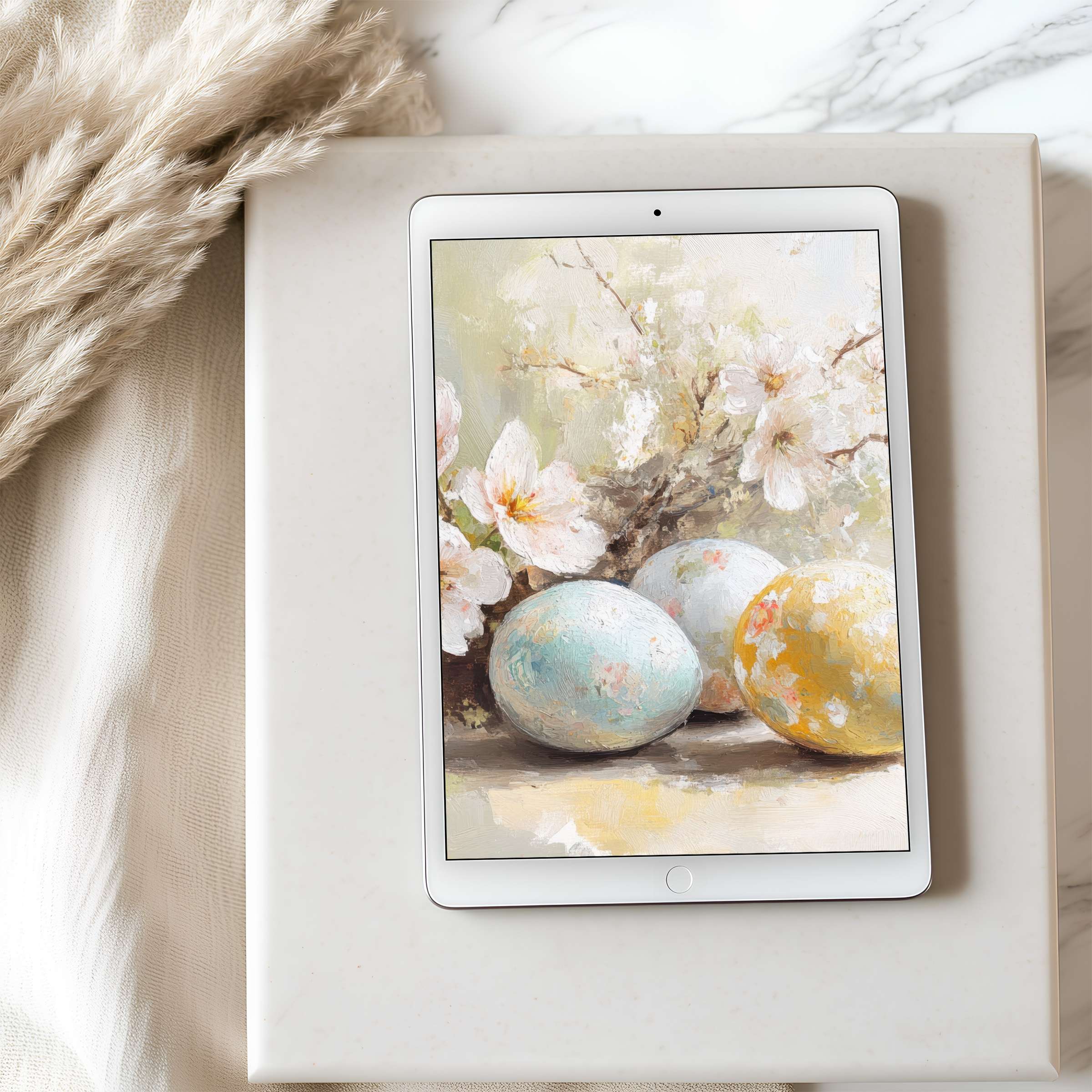Elegant tablet wallpaper with pastel blossoms and eggs, perfect for iPad or Android, offering tranquility and high-resolution digital charm