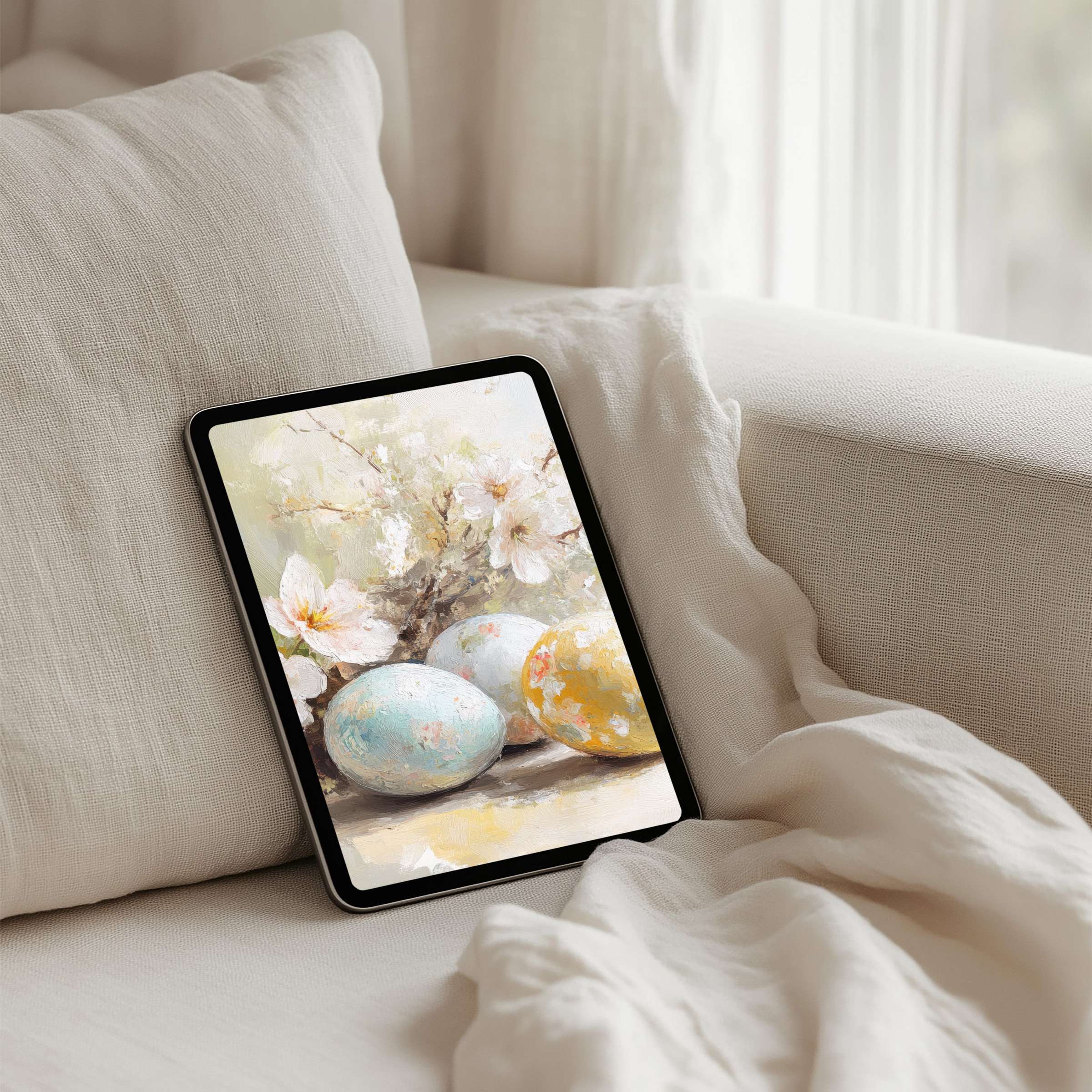 Elegant iPad background featuring calming pastel eggs and blooming flowers offers instant download for tablet mindfulness and inspiration