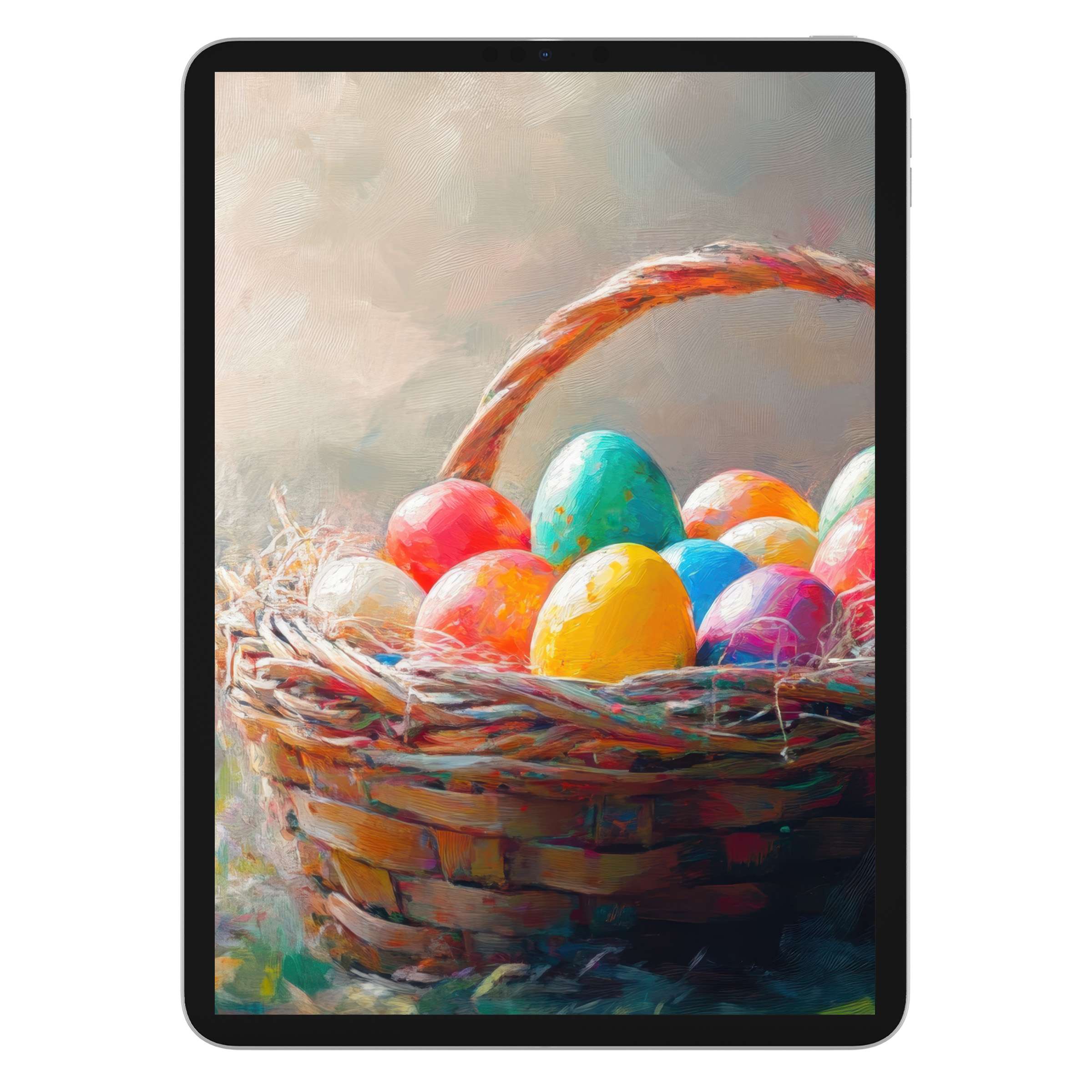 Vibrant easter iPad wallpaper featuring a colorful basket of eggs, ideal digital download for tablet background and mindful decor