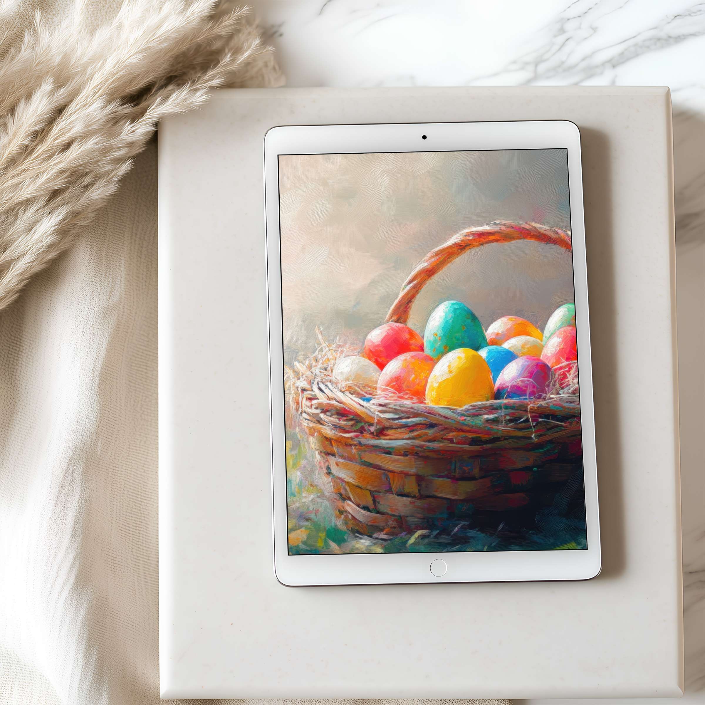 Vibrant tablet wallpaper featuring a basket of colorful eggs, perfect for high-resolution digital download on iPad or Android tablets