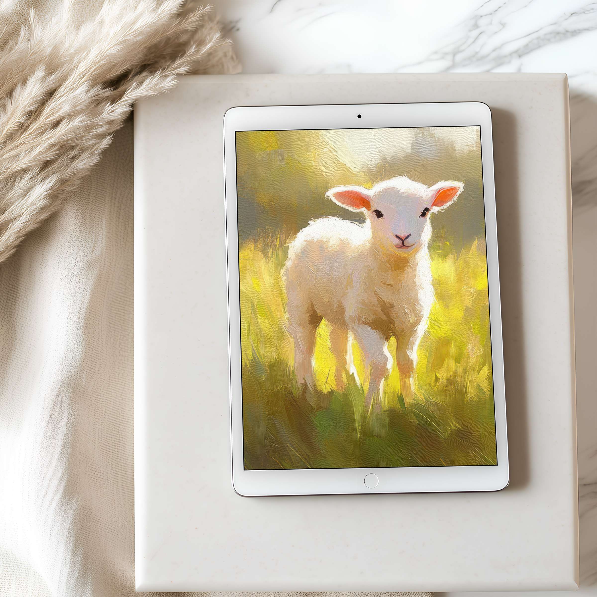 Charming lamb art on tablet wallpaper exudes tranquility in high resolution perfect for iPad Android digital download serenity