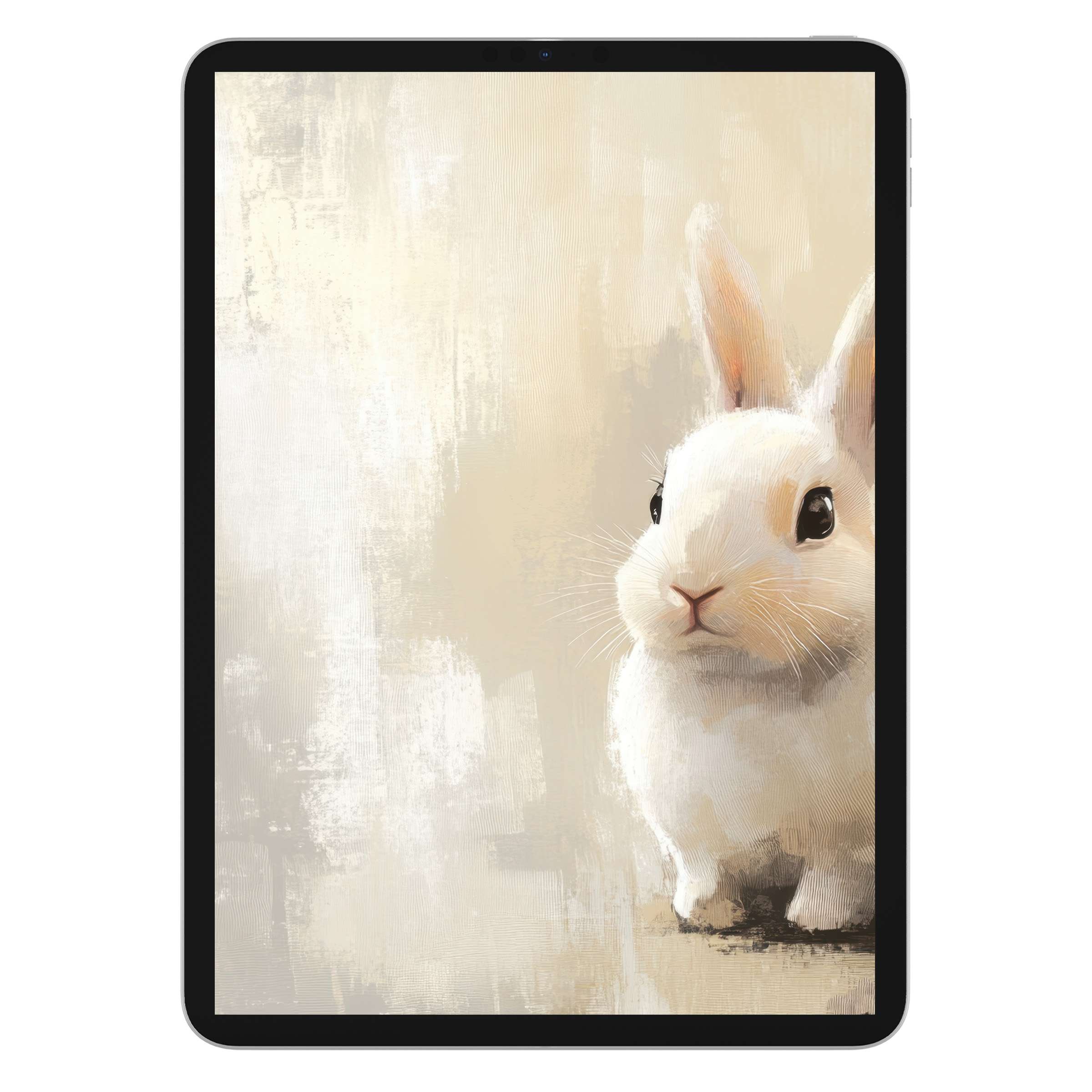 Elegant Easter iPad wallpaper featuring a serene white rabbit against a textured background, perfect digital download for tablets