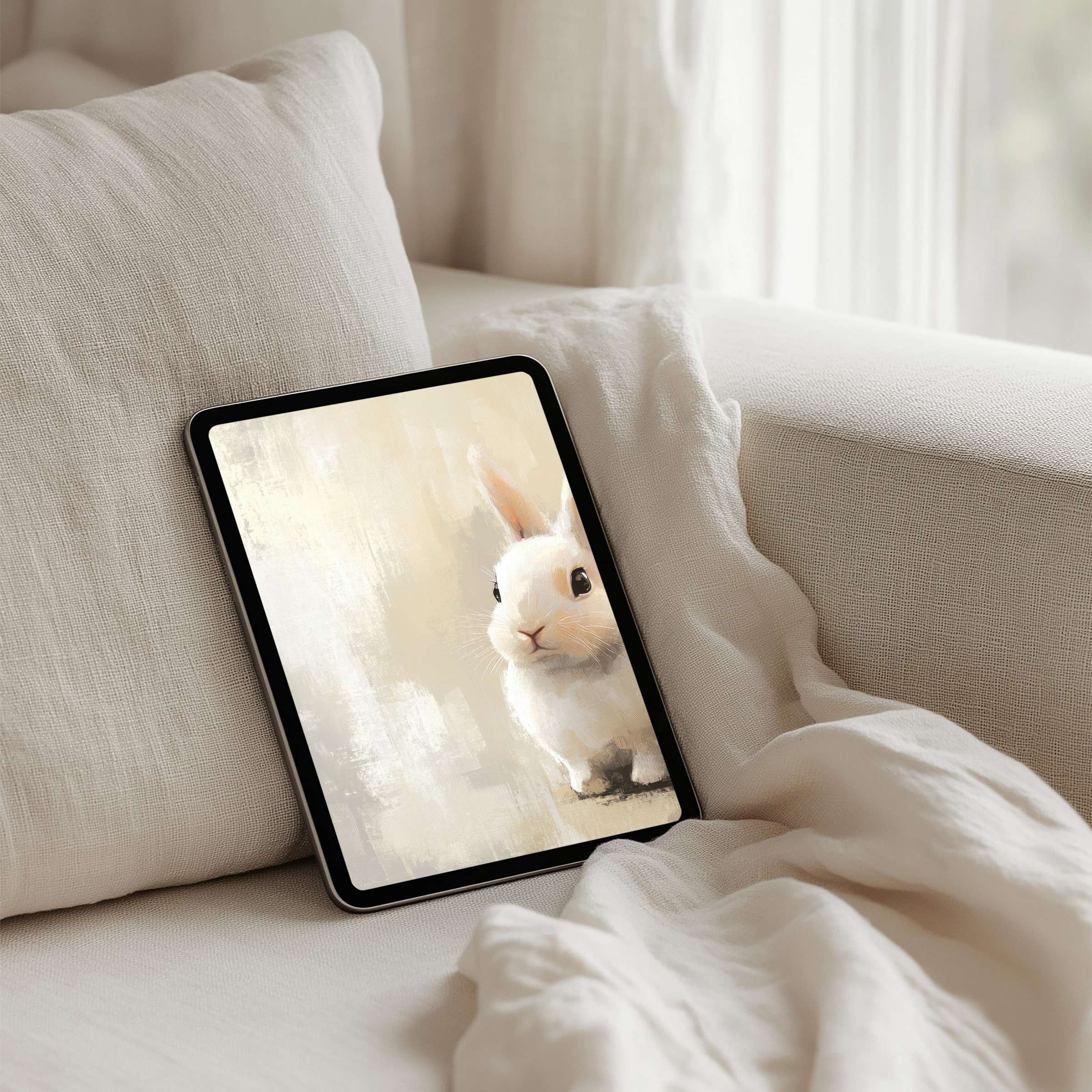Elegant iPad background with a serene white rabbit painting for instant download fits any tablet creating calm and inspiration