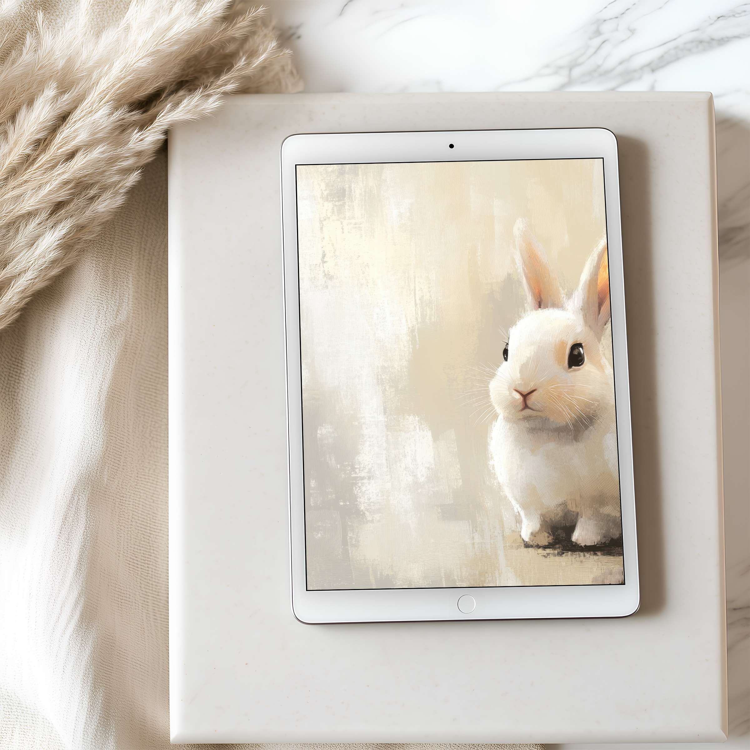 Elegant tablet wallpaper featuring a soft, serene rabbit painting with neutral tones perfect for iPad and Android tablets digital download