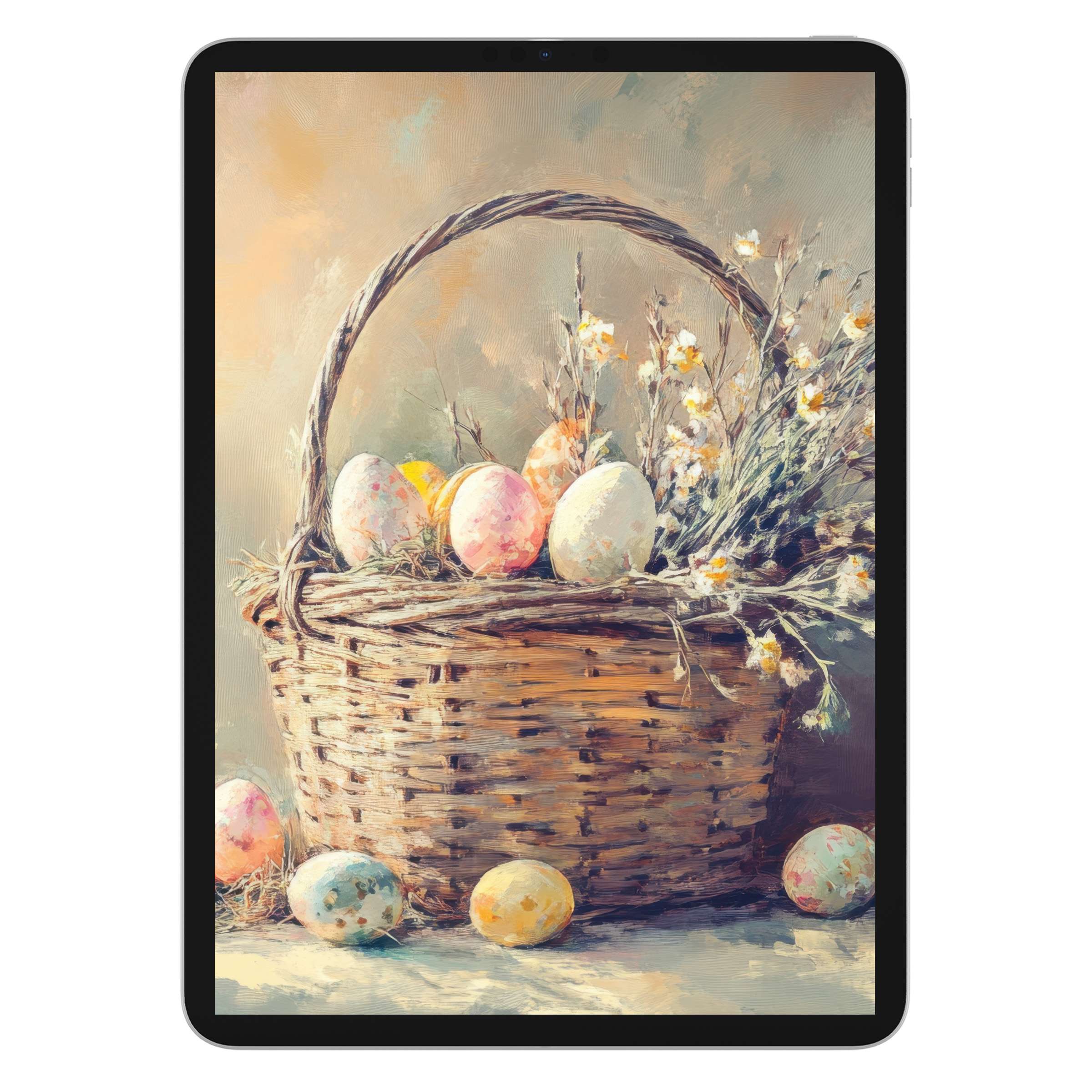 Easter iPad wallpaper featuring a serene basket of pastel eggs and wildflowers, perfect digital download for tablet backgrounds