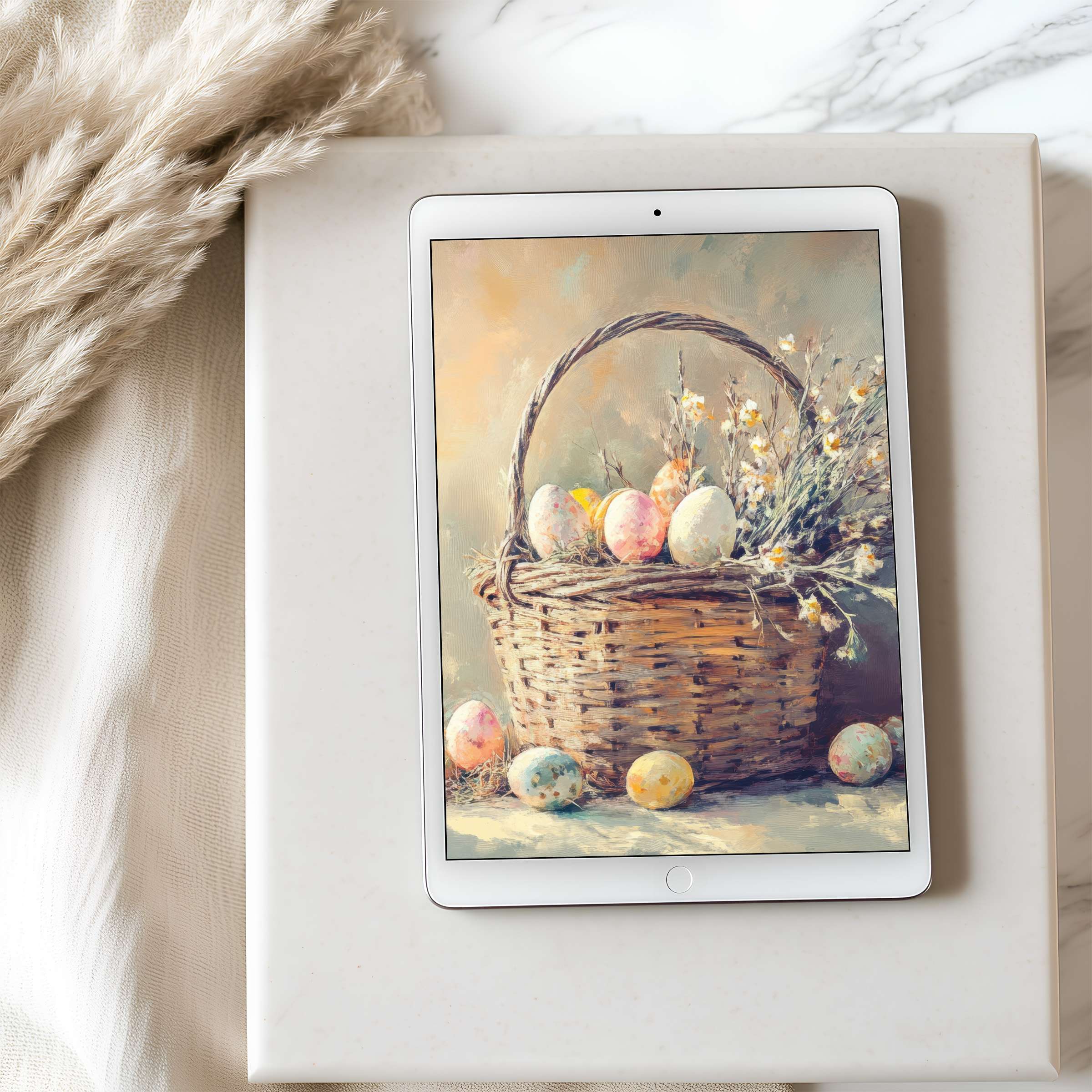 Elegant spring-themed tablet wallpaper showcasing a serene basket of pastel eggs and flowers, fitting for high resolution iPad downloads