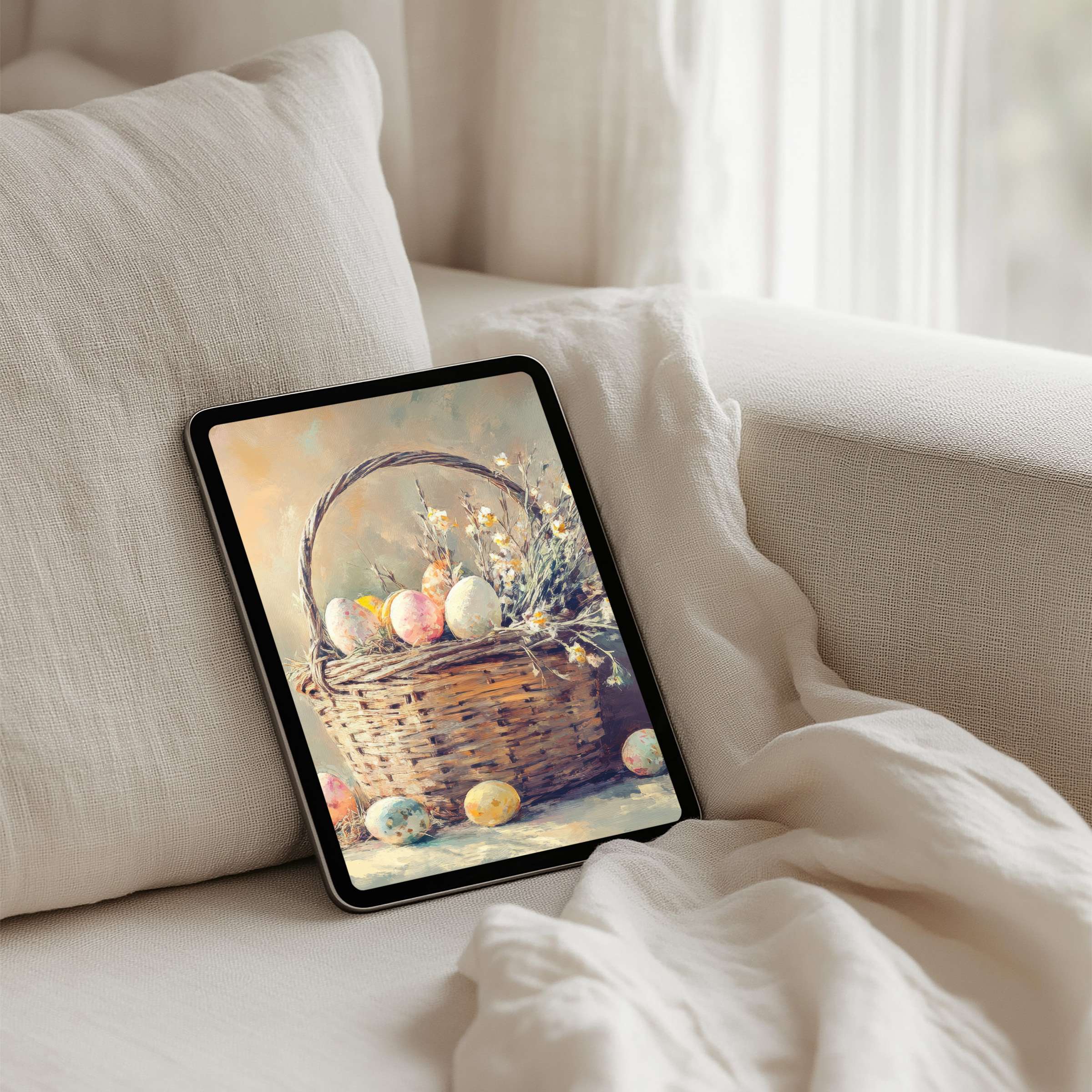 Elegant iPad background featuring a serene basket with pastel eggs inspires calm mindfulness perfect for instant download on any tablet