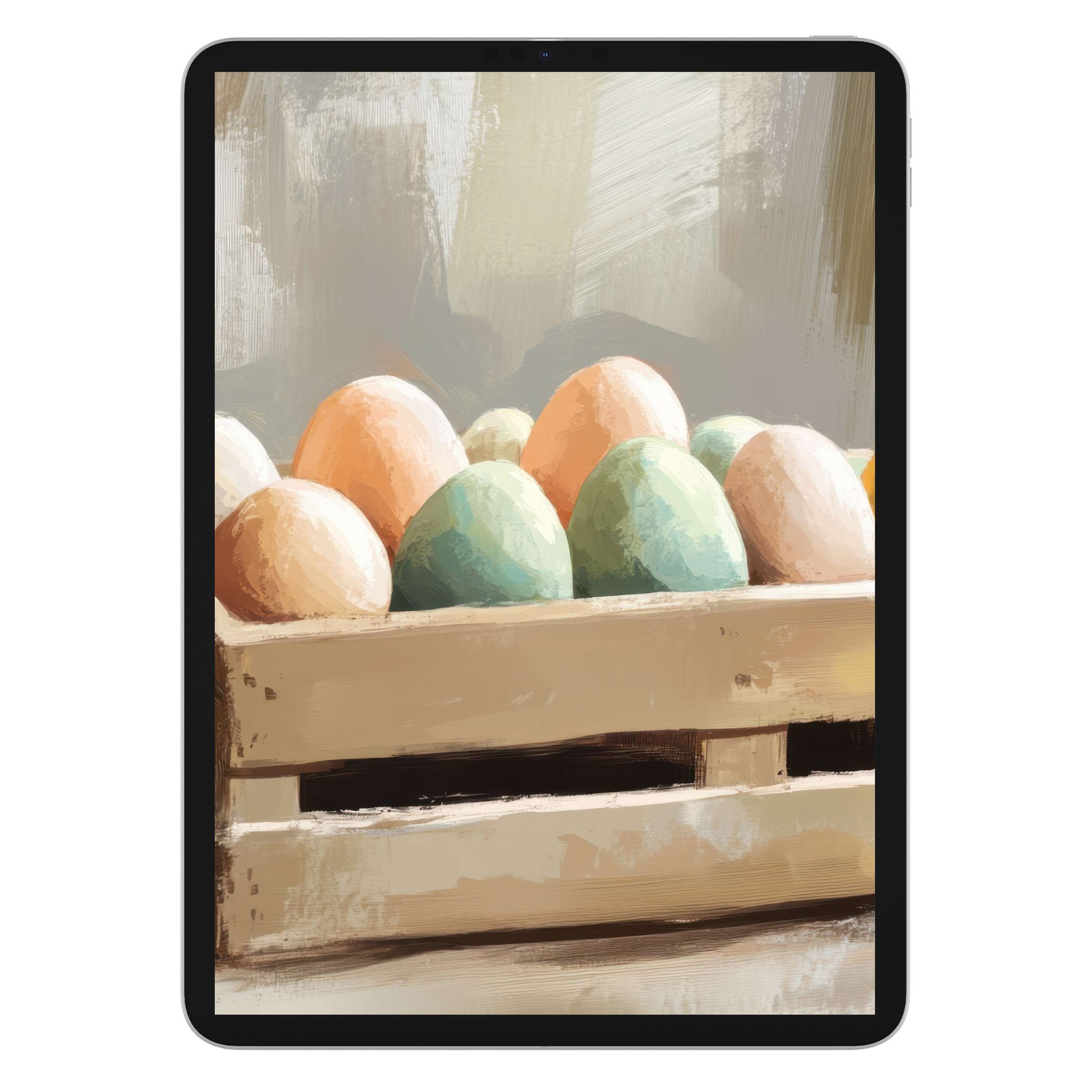 Vibrant easter iPad wallpaper featuring pastel eggs in a rustic crate, perfect digital download for a serene tablet background