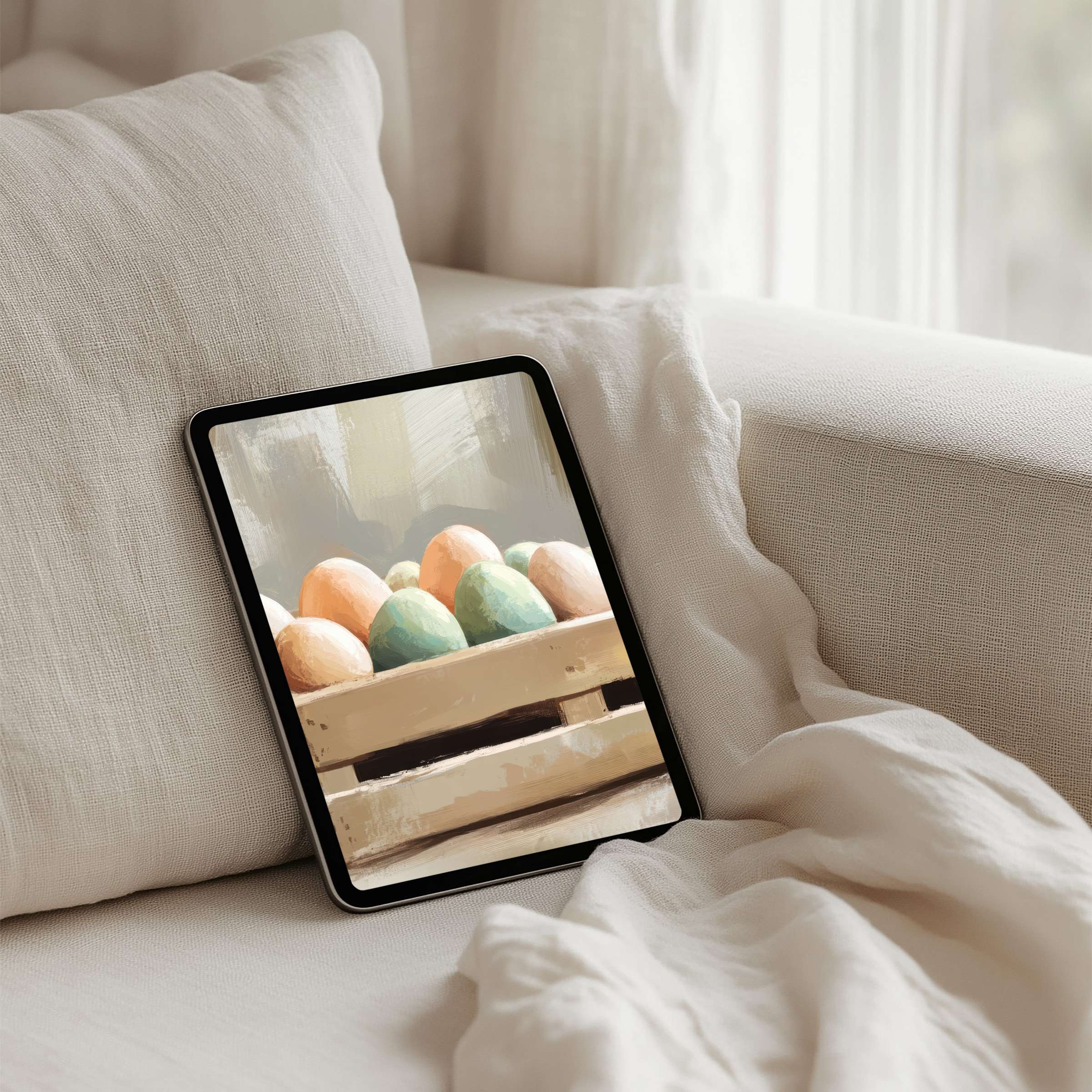 Elegant iPad background featuring pastel eggs in a wooden crate offers instant download for tablets, inspiring calm and mindfulness