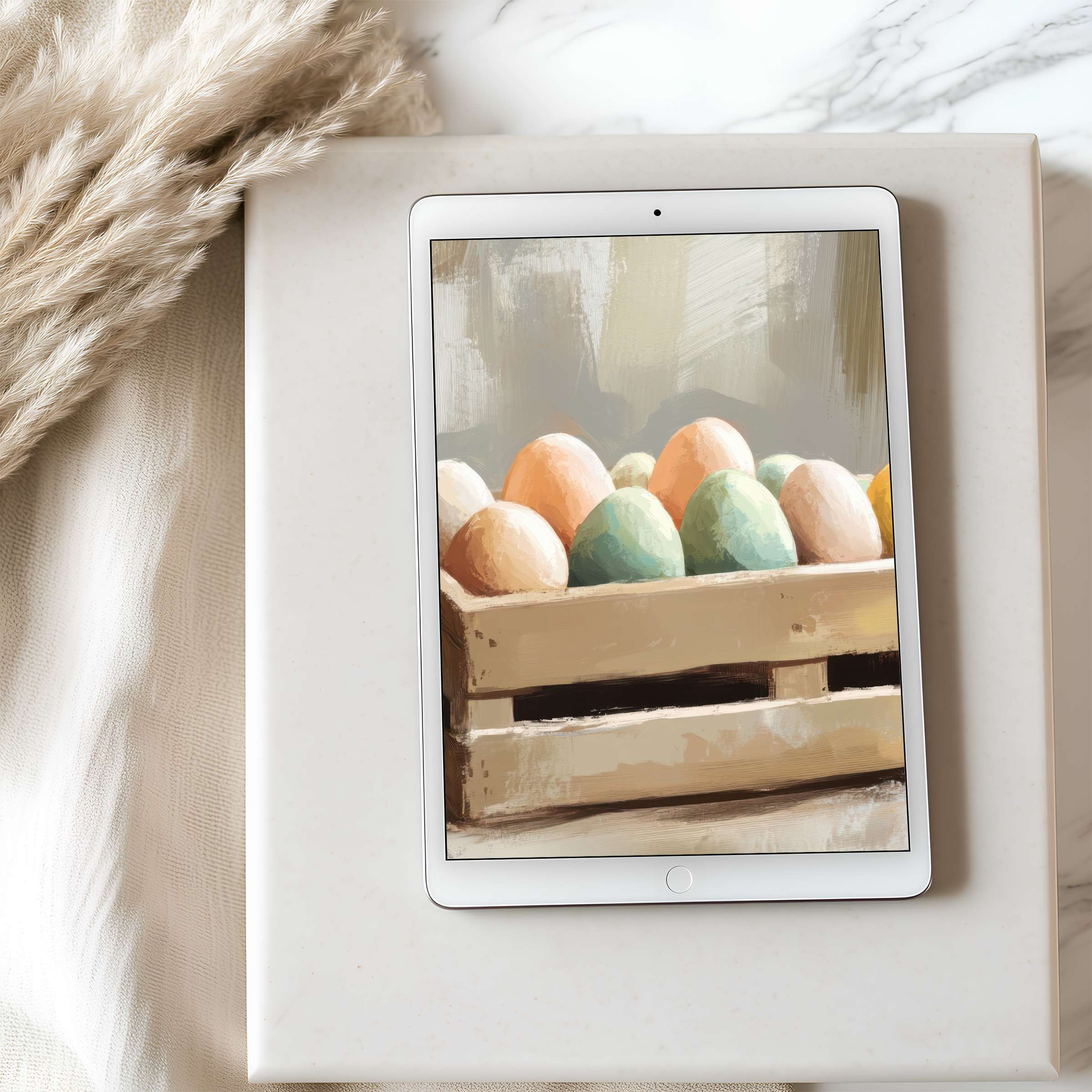 Elegant tablet wallpaper featuring pastel eggs in a wooden crate, offering a calming digital download for iPad and Android tablets