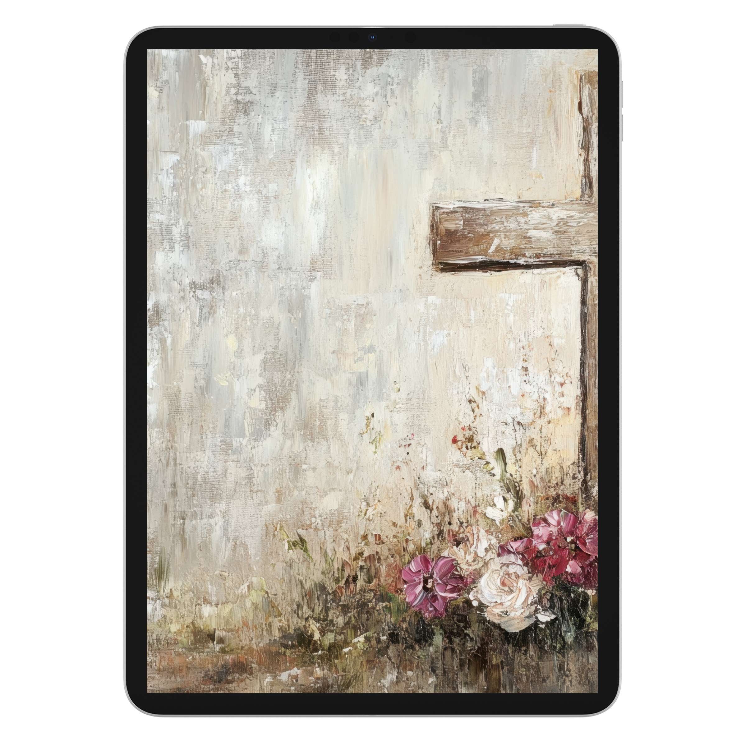 Elegant Easter iPad wallpaper featuring a rustic cross and floral motifs, perfect digital download for serene tablet backgrounds
