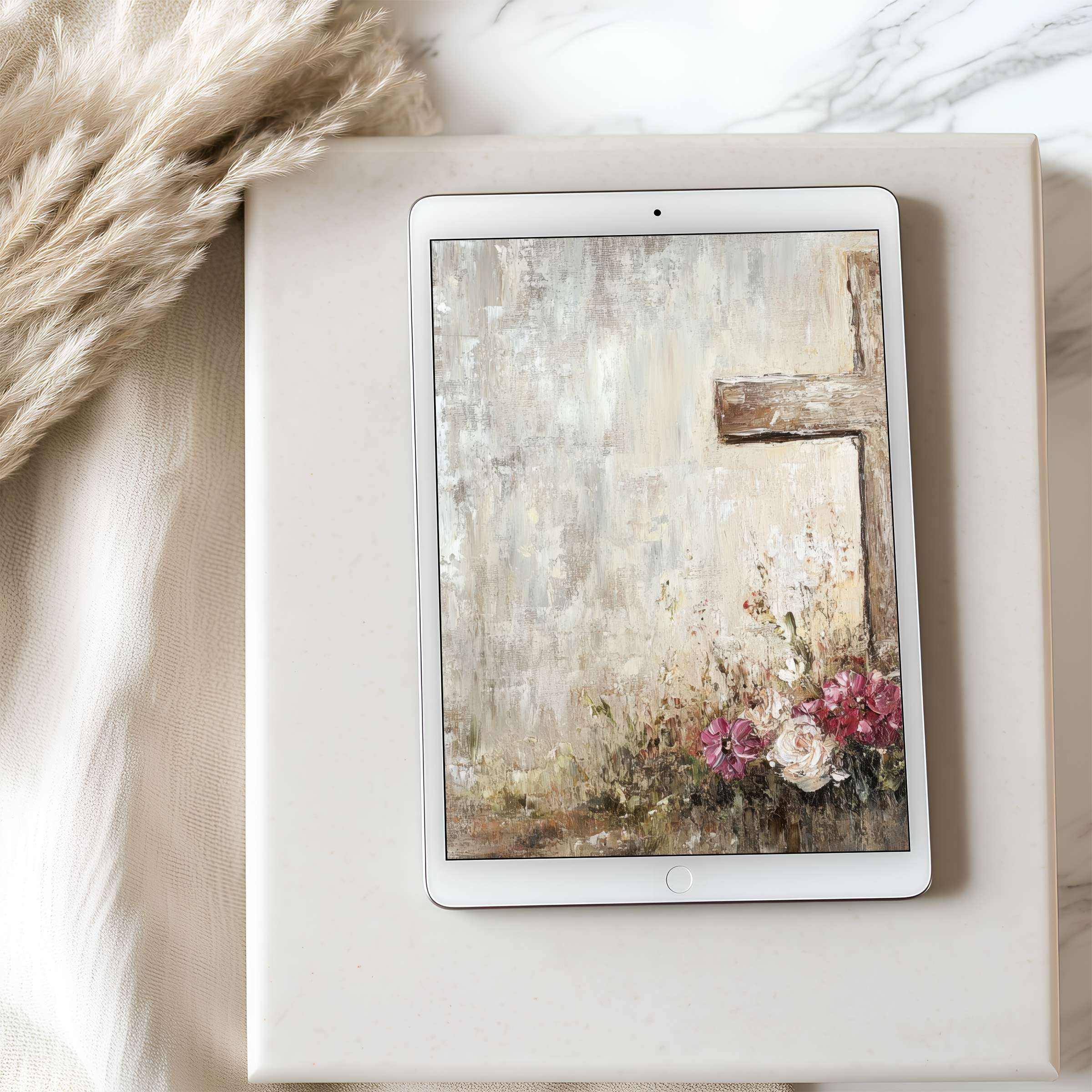 Elegant tablet wallpaper featuring soft abstract florals and a rustic cross perfect for high resolution iPad display digital download