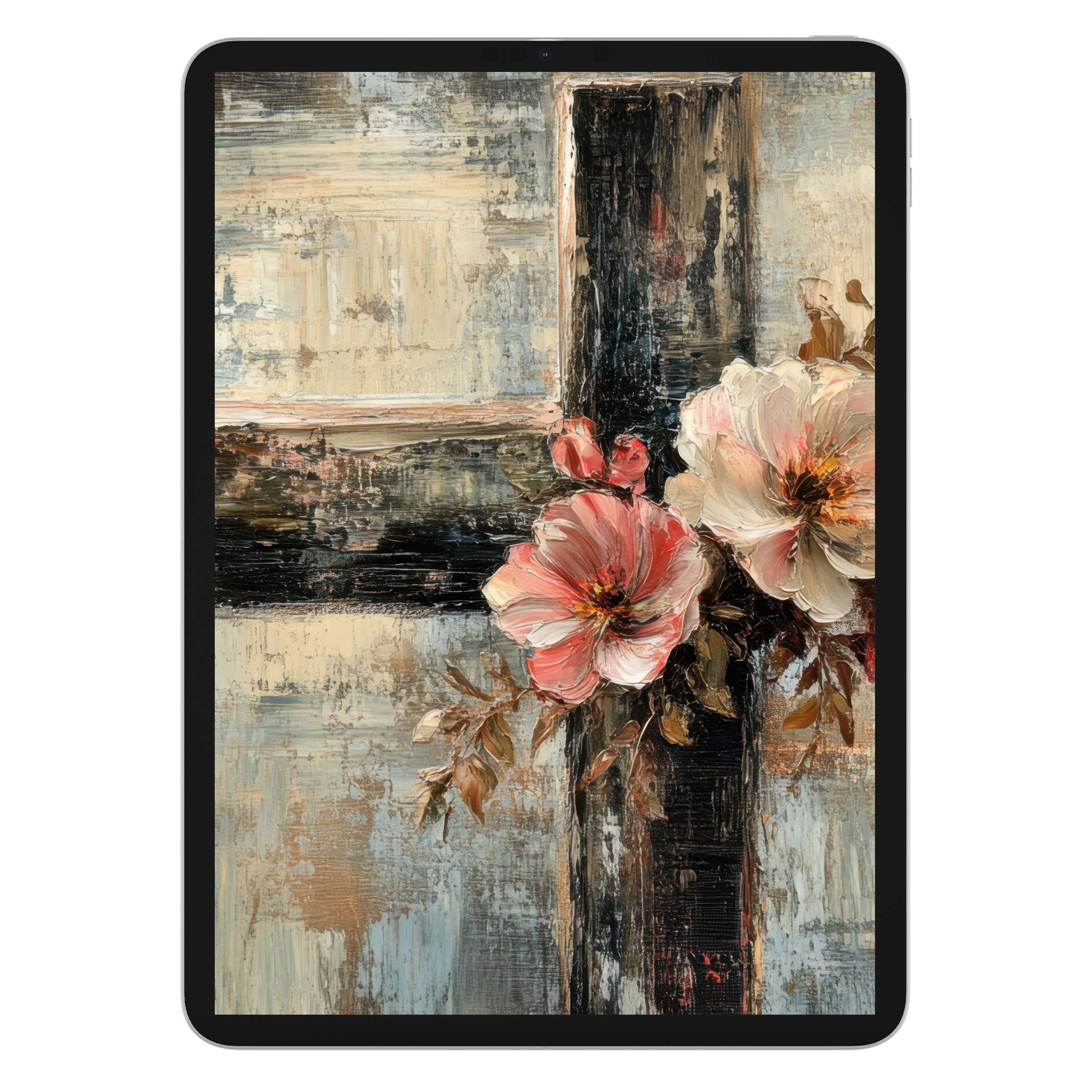 Elegant Easter iPad wallpaper featuring textured floral art cross, ideal digital download for serene tablet backgrounds