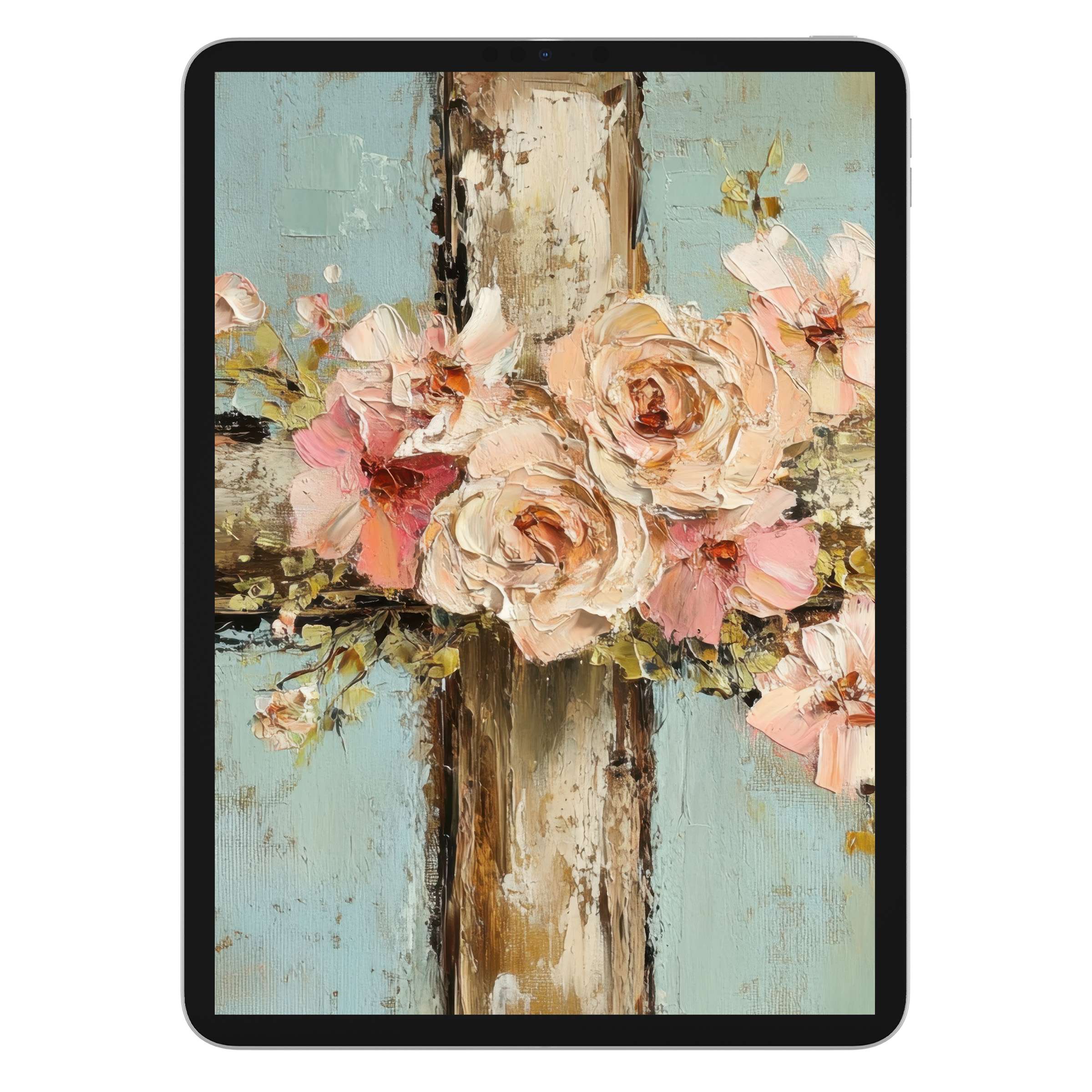 Elegant easter iPad wallpaper with pastel blooms on rustic cross digital download for a serene tablet background