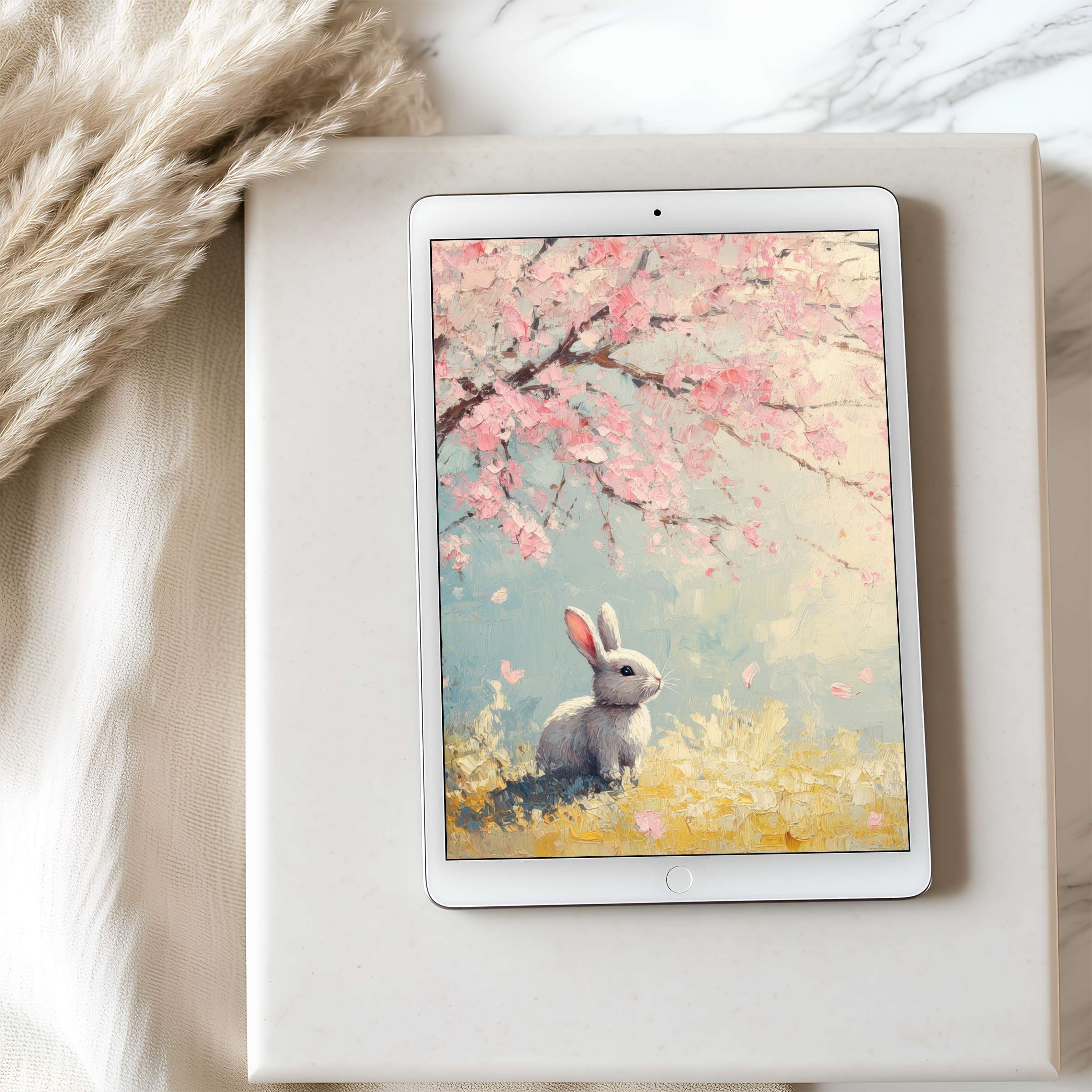 Elegant tablet wallpaper featuring a serene rabbit under cherry blossoms, perfect for iPad high resolution, eco-friendly digital download
