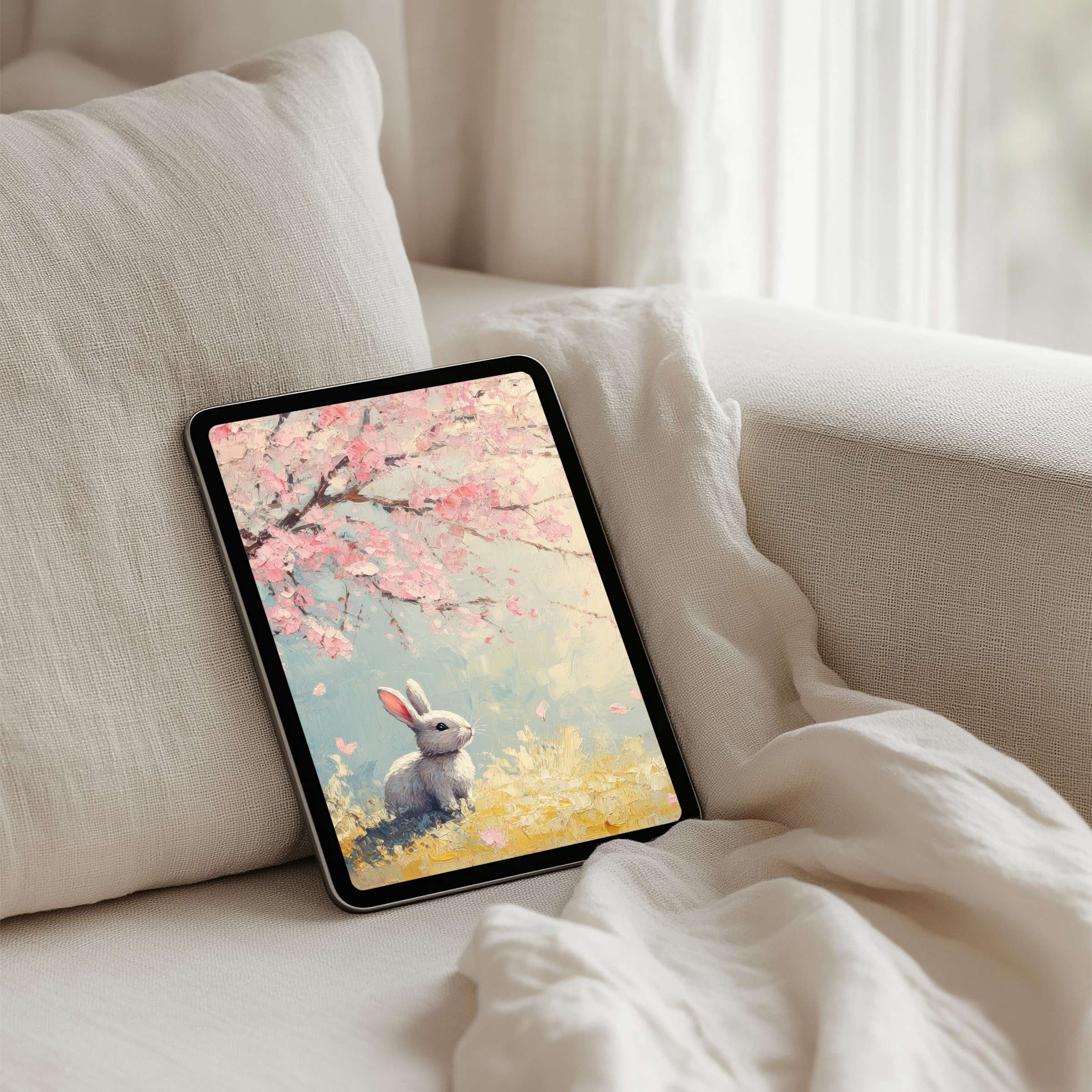 Elegant iPad background featuring a serene bunny under cherry blossoms offering instant download for any tablet bringing peace and inspiration
