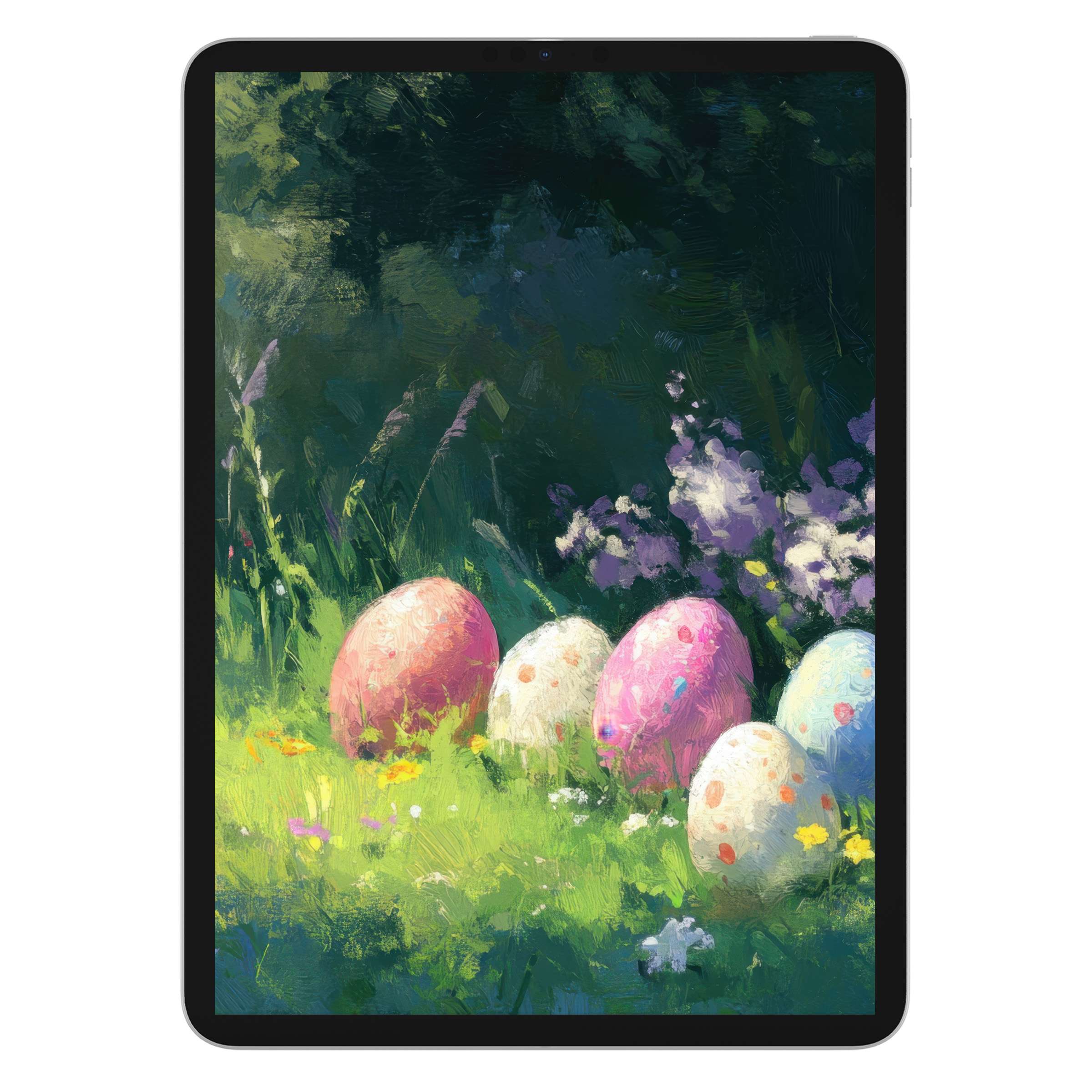 Elegant digital download of an easter iPad wallpaper featuring vibrant painted eggs in a serene meadow background for tablet use