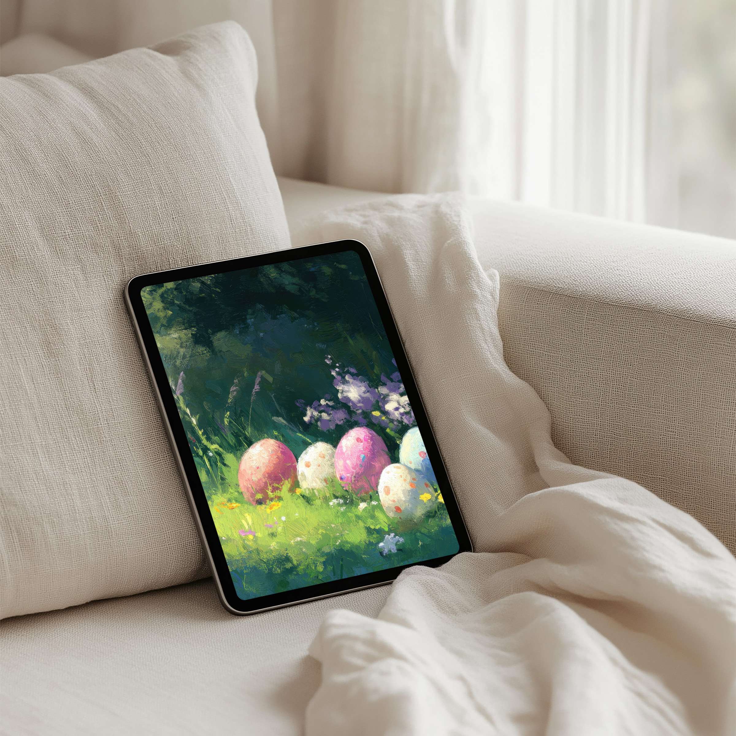 Serene iPad background with vibrant painted eggs in lush greenery offering instant download for tablet tranquility and elegance