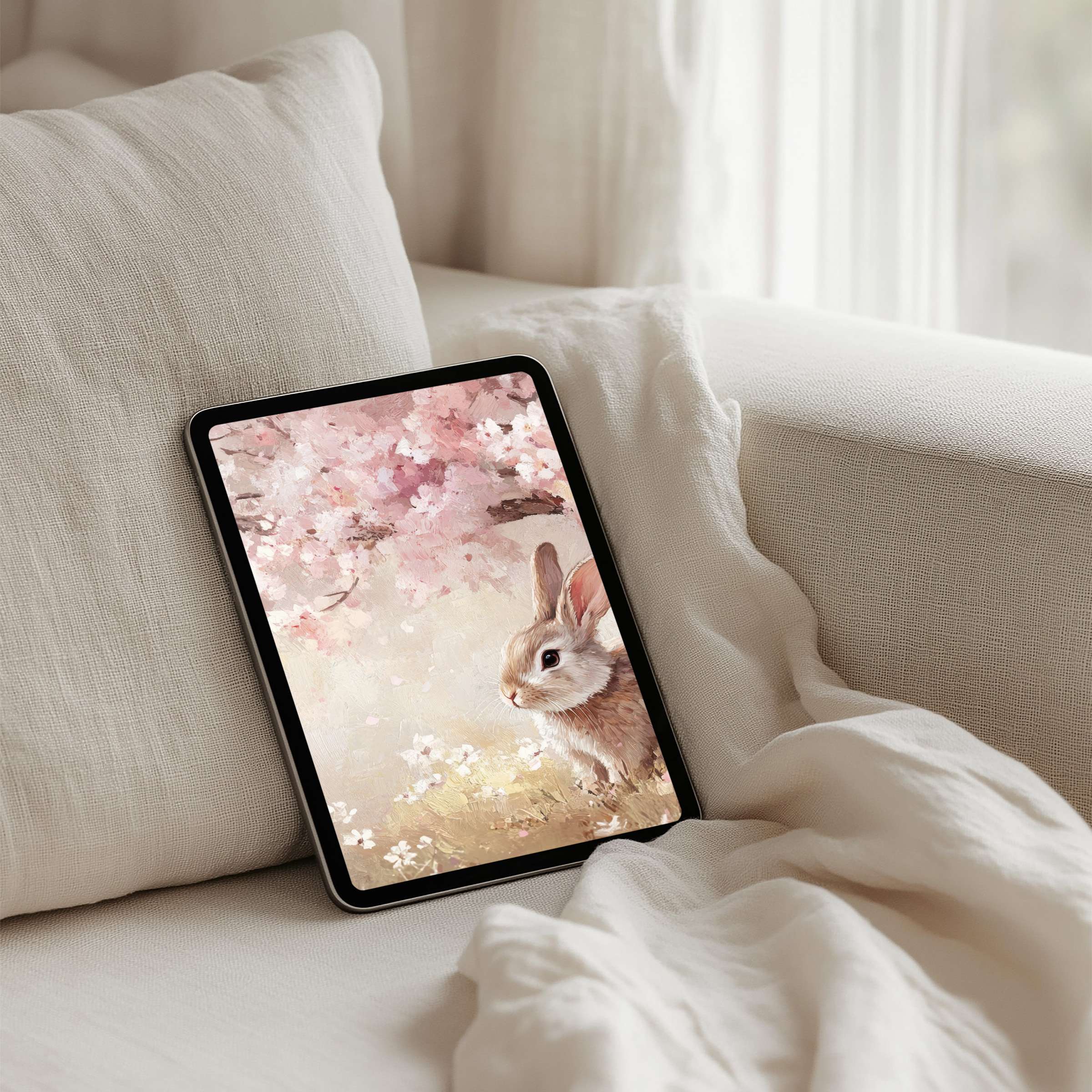 Elegant iPad background with watercolor bunny and cherry blossoms for instant download perfect for any tablet inspiring calm and mindfulness