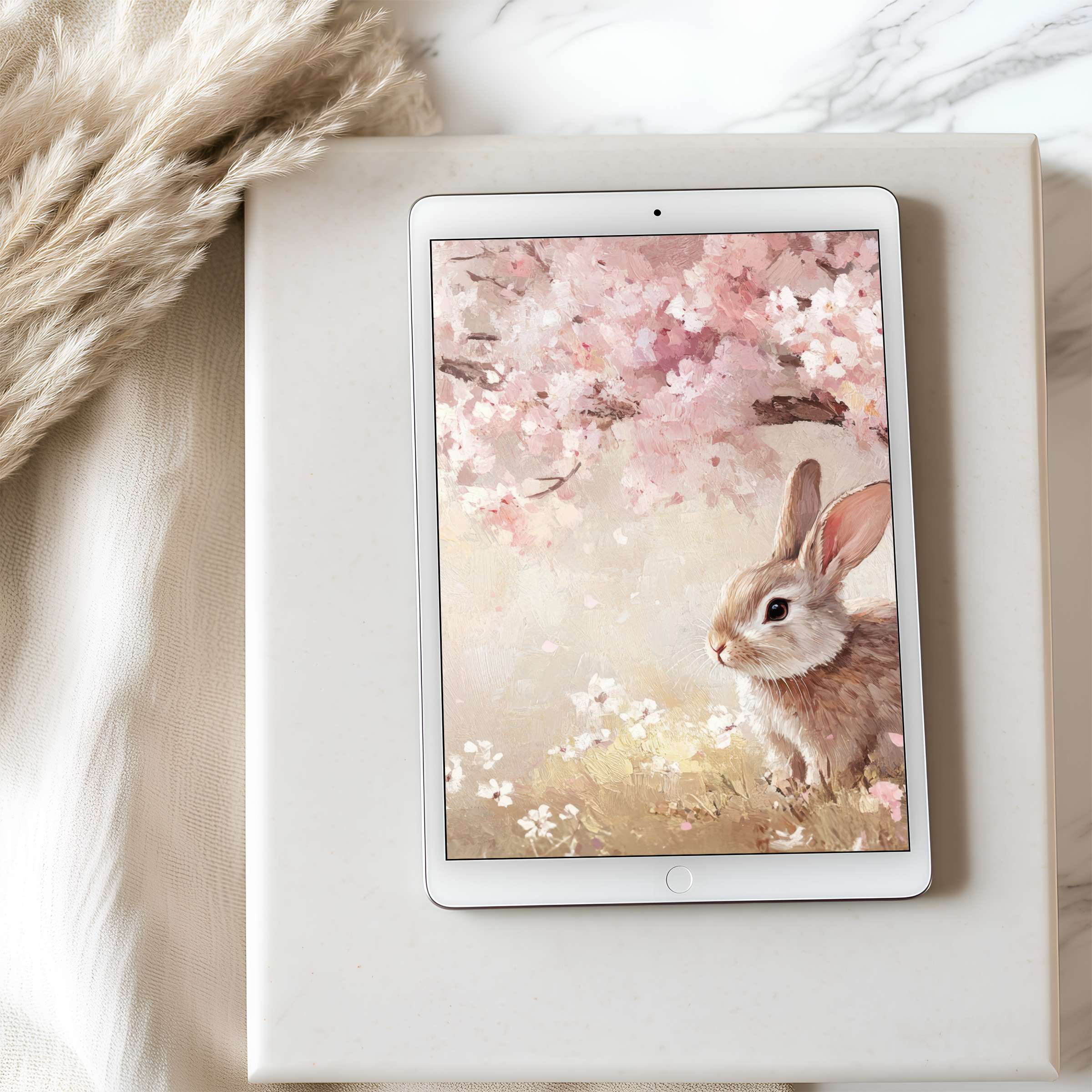 Elegant tablet wallpaper featuring a serene bunny under pink blossoms, ideal for iPad or Android in high resolution digital download