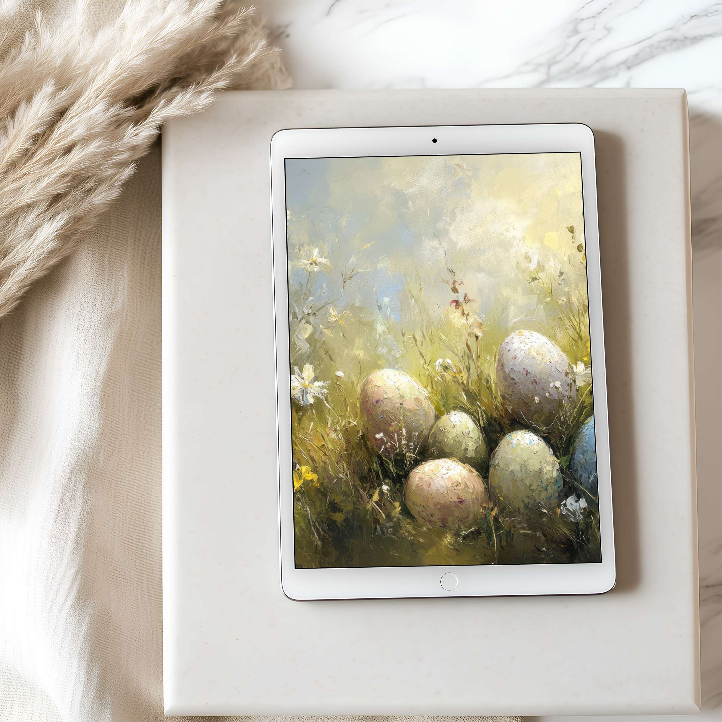 Elegant tablet wallpaper featuring pastel-hued eggs and daisies in a serene meadow setting perfect for iPad and Android digital download