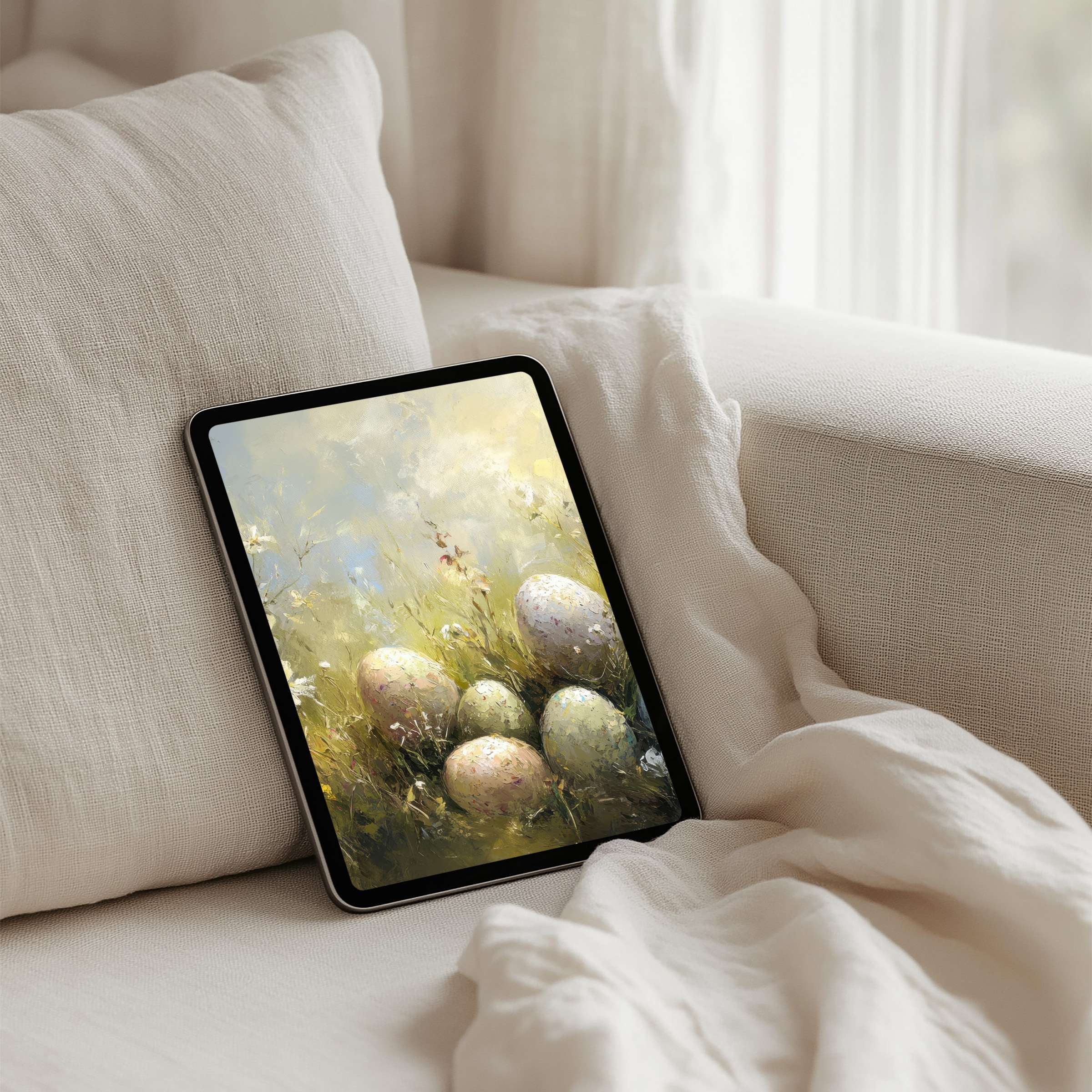 Elegant iPad background featuring serene pastel eggs in soft nature setting for instant download on any tablet for mindful inspiration