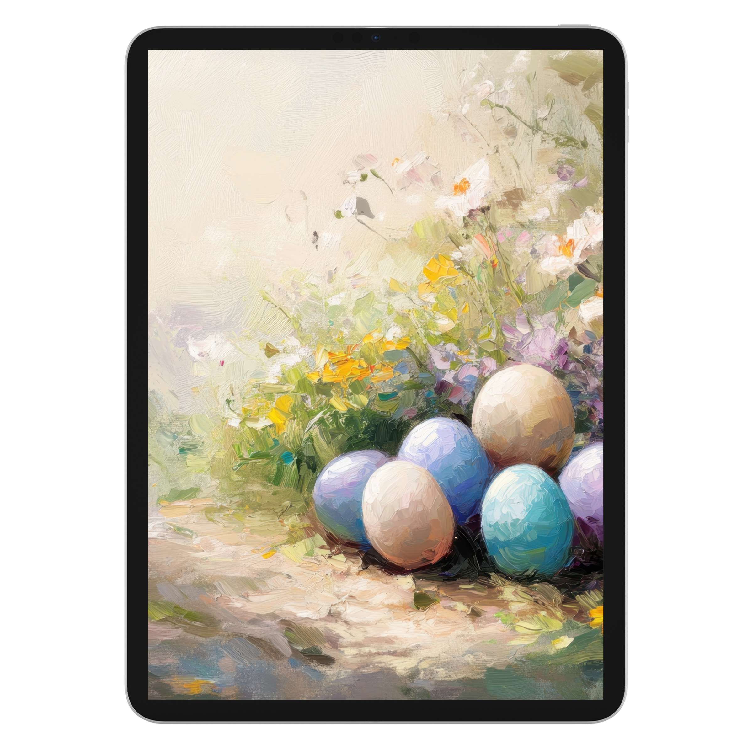 Pastel floral scene with artistically painted eggs creates a soothing easter iPad wallpaper, perfect digital download tablet background