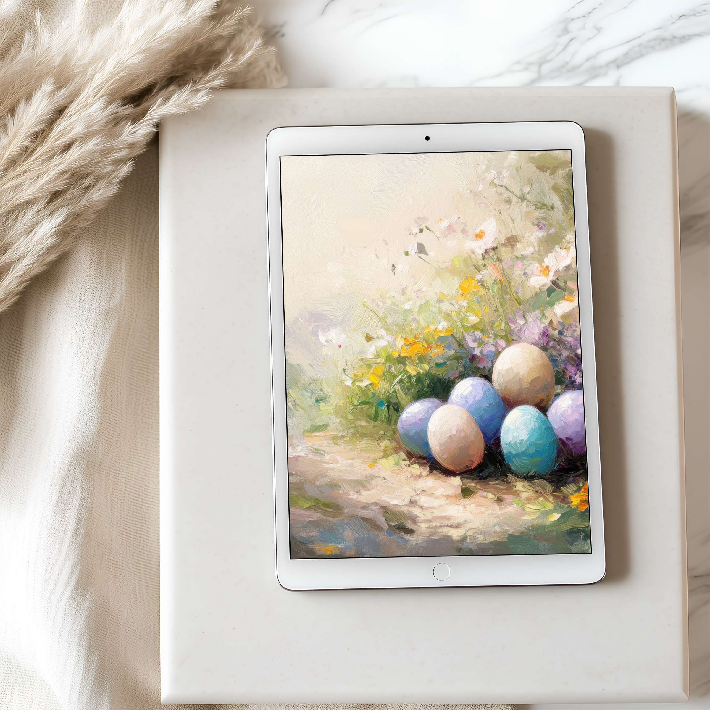Elegant tablet wallpaper featuring pastel-colored eggs and wildflowers in a serene landscape, perfect for high-resolution iPad screens