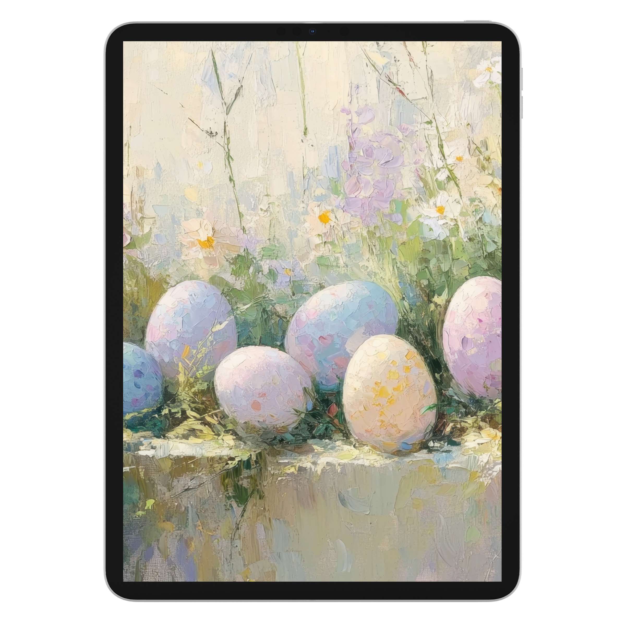 Easter iPad wallpaper with pastel eggs in a serene floral setting digital download suitable for Samsung and Android tablet backgrounds