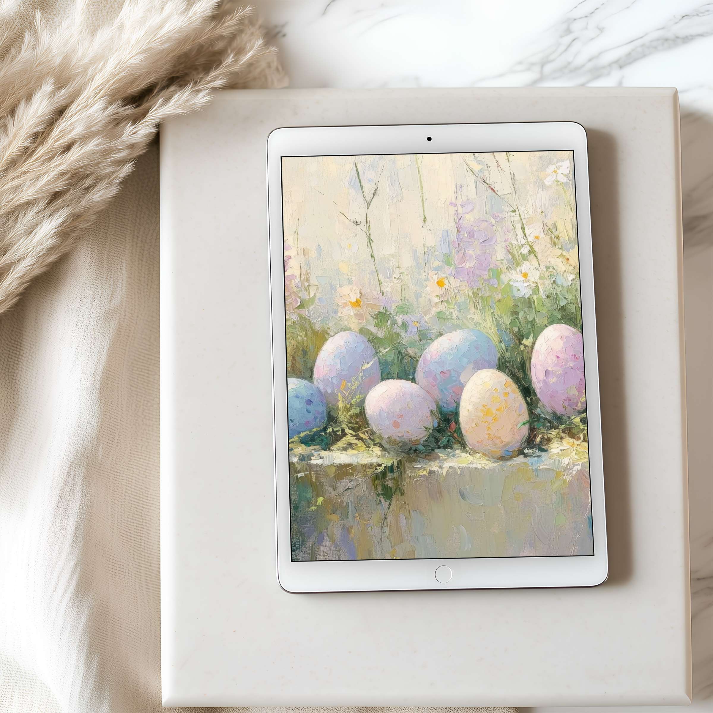Pastel egg motif tablet wallpaper evokes calm with floral impressionism perfect for iPad high resolution digital download