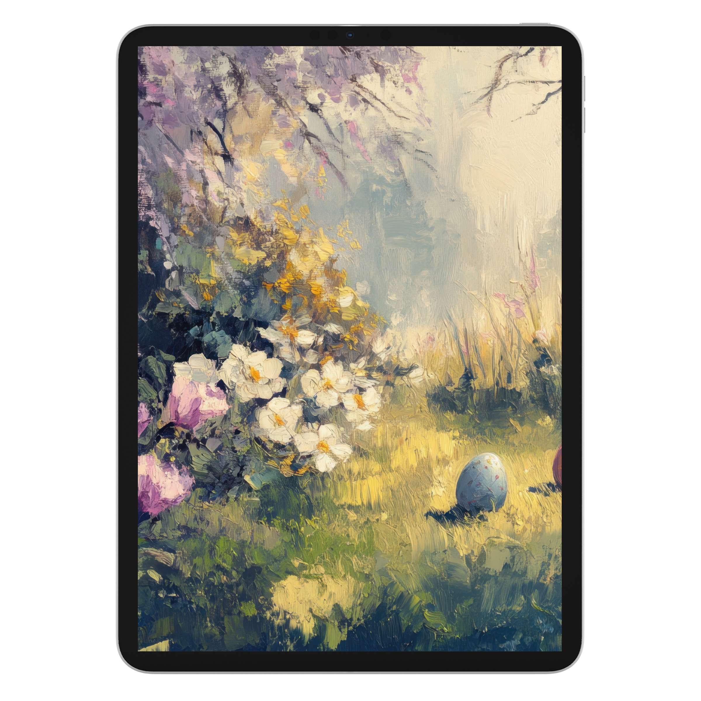 Easter iPad wallpaper digital download featuring a serene, painted garden scene with eggs and flowers suitable for any tablet background