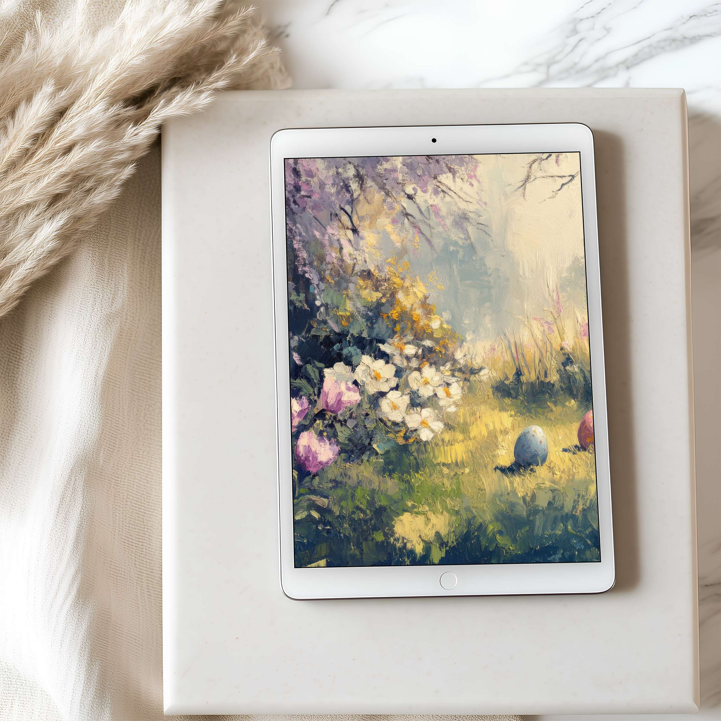 Elegant tablet wallpaper featuring soft pastel florals in a dreamy garden scene, perfect for iPad high resolution digital download