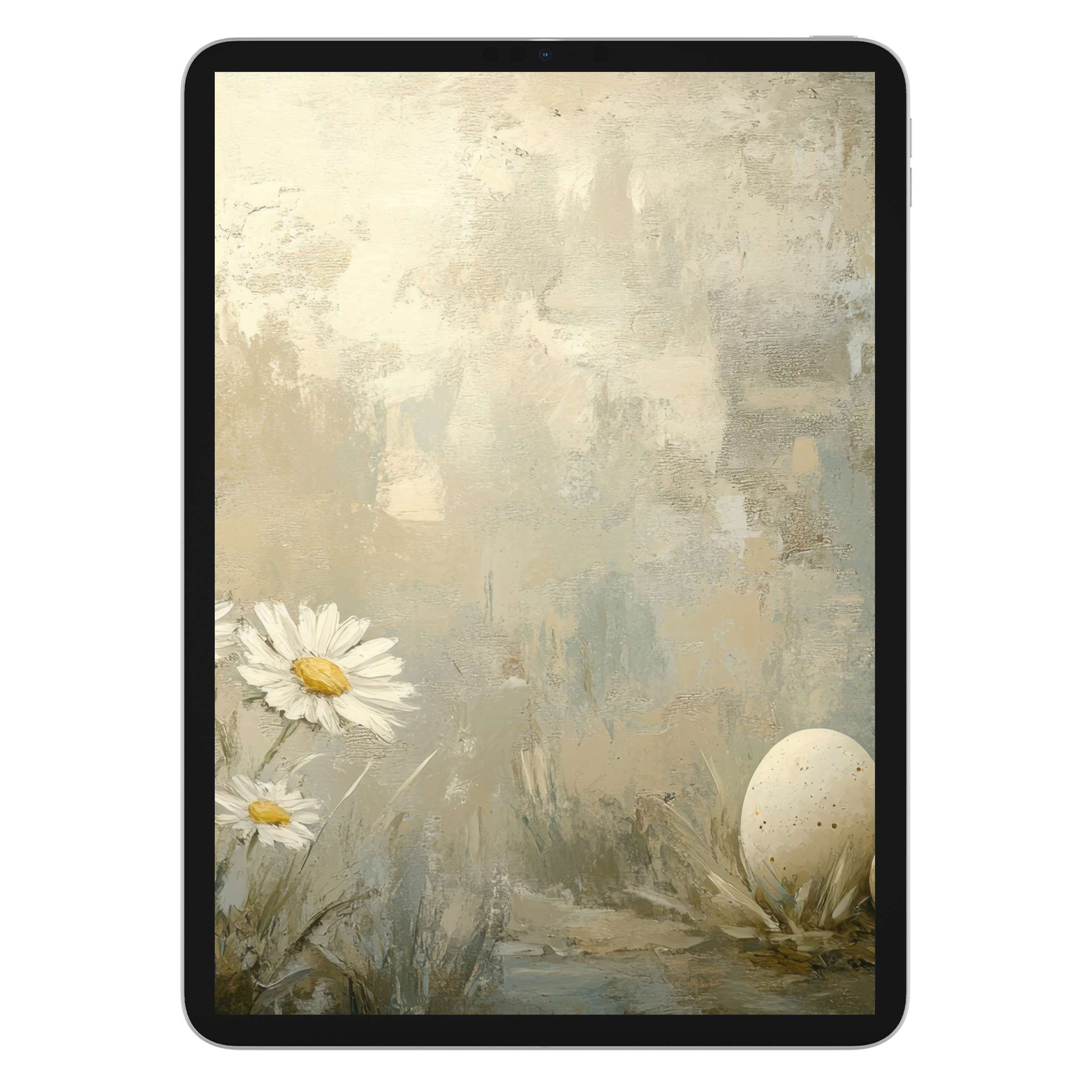 Easter iPad wallpaper with elegant daisies and egg in muted pastels for a serene digital download background on tablets