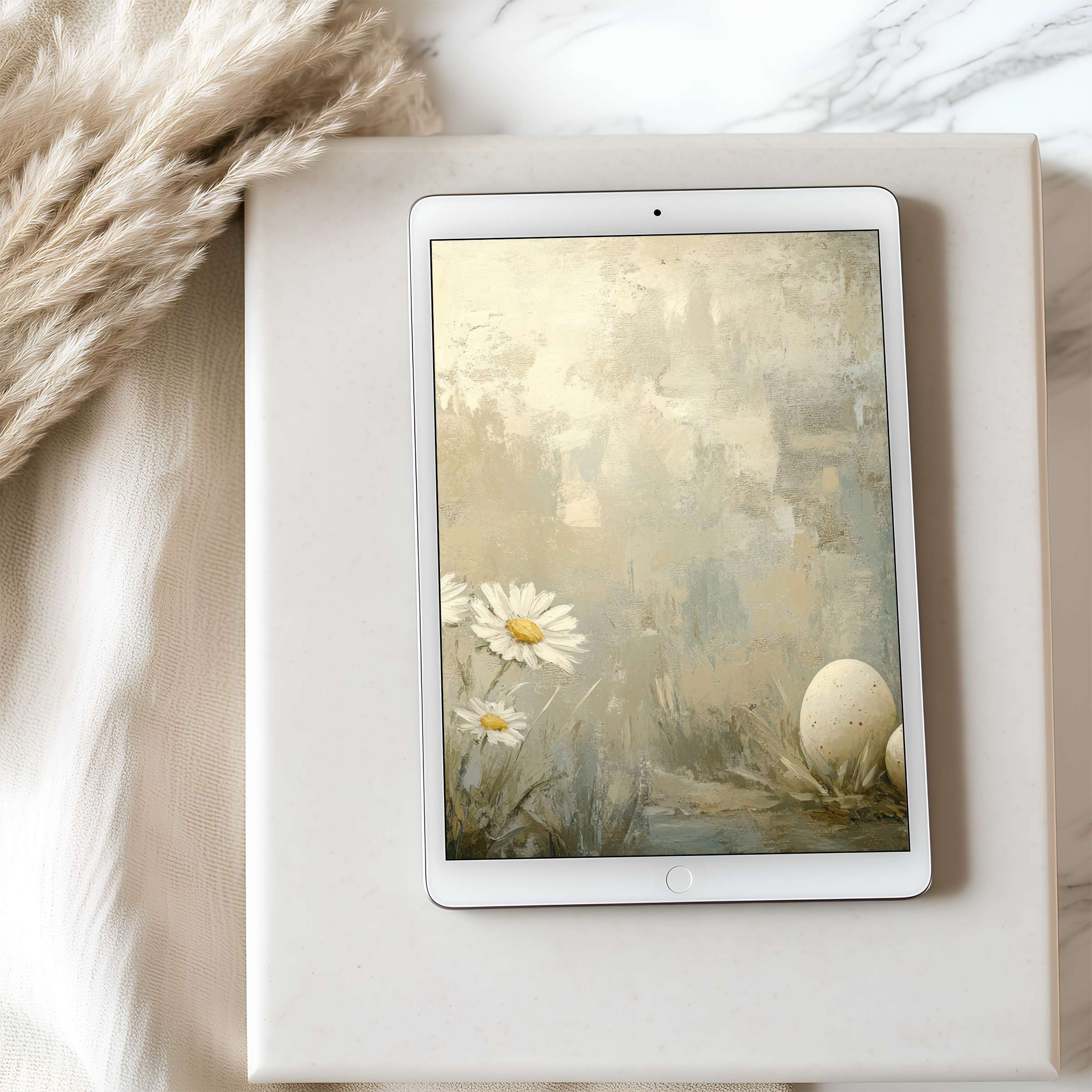 Elegant tablet wallpaper featuring serene daisies and soft earth tones evokes calm, perfect for high-resolution iPad or Android downloads