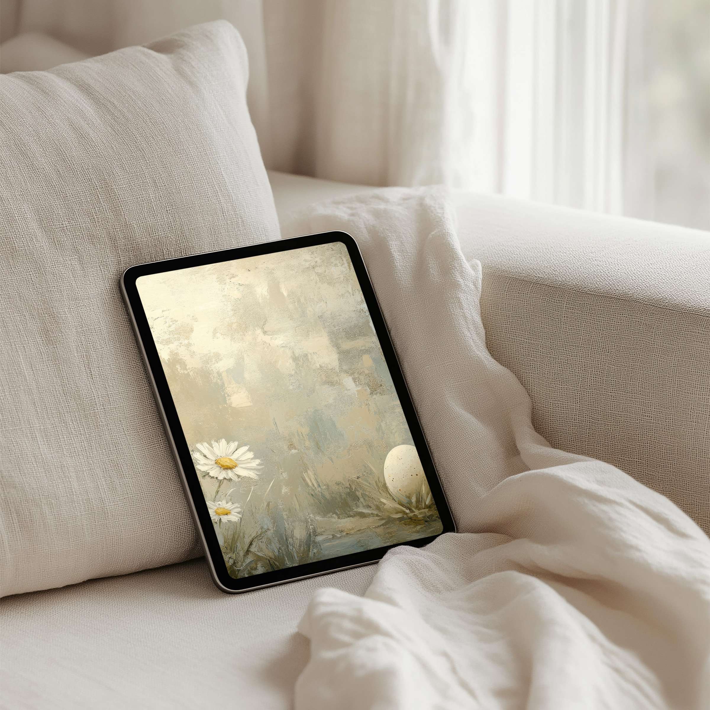 Elegant iPad background with serene daisies and muted tones offers instant download for tablet mindfulness and inspiration
