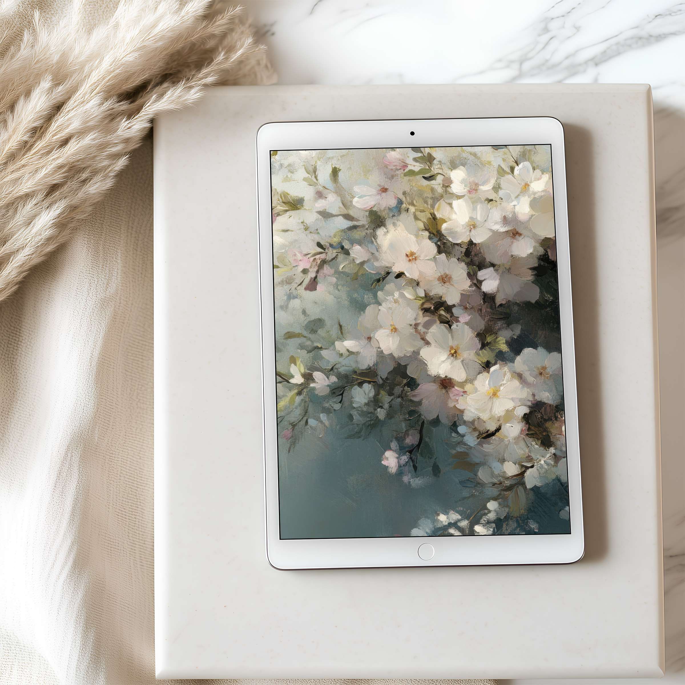 Elegant floral tablet wallpaper in soft pastel hues evokes calm in a chic interior setting, perfect for high-resolution iPad display
