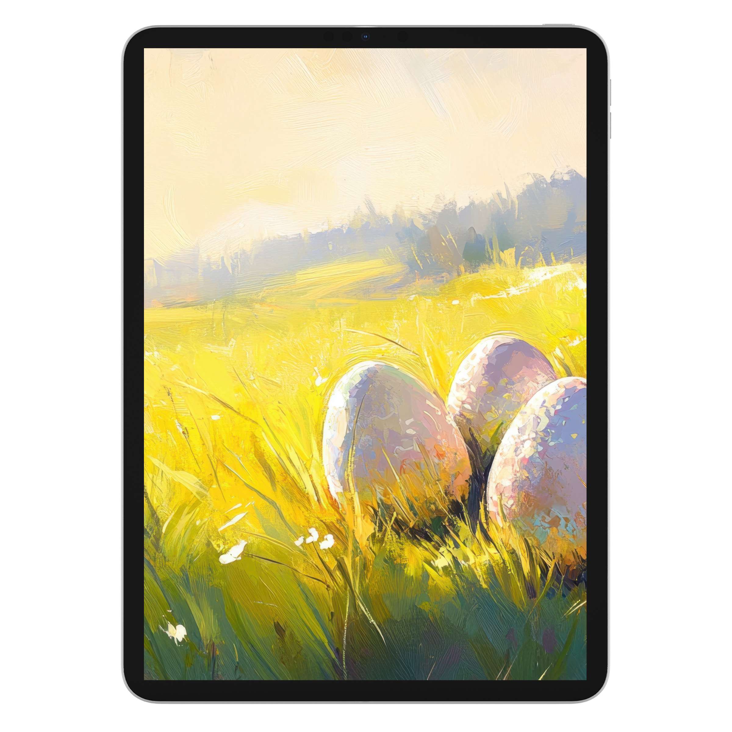Easter iPad wallpaper with serene pastel eggs in a sunlit meadow perfect for tablet background digital download for relaxation