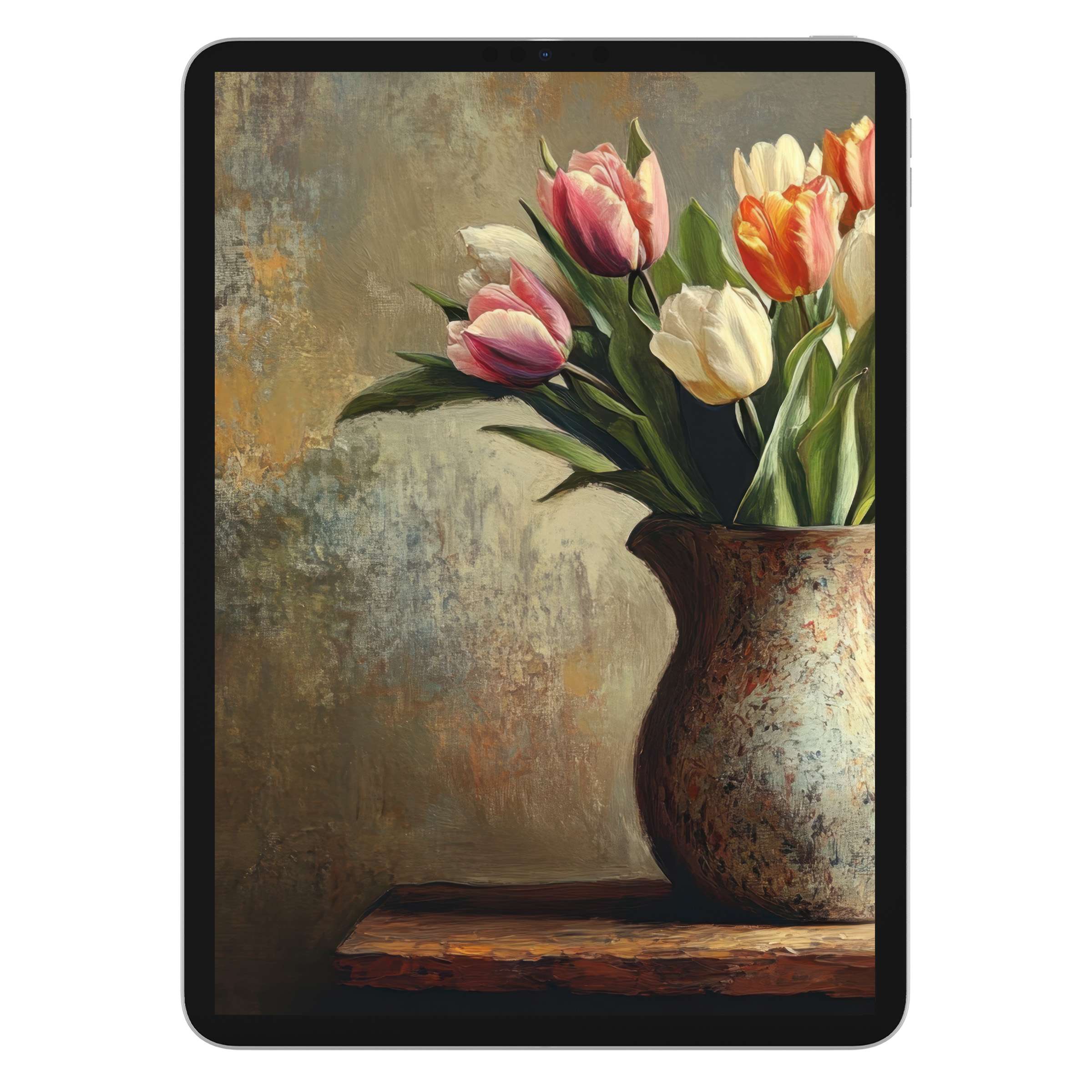 Elegant Easter iPad wallpaper featuring tulips in a rustic vase, perfect digital download for tablet backgrounds fostering calm design