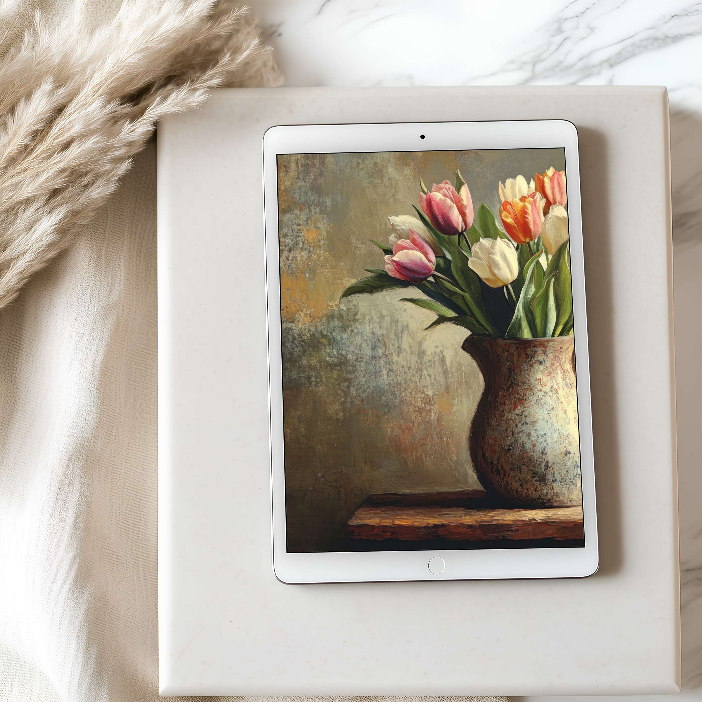 Elegant tablet wallpaper showcasing a high-resolution floral painting with rich textures, perfect for iPad or Android download to elevate interiors