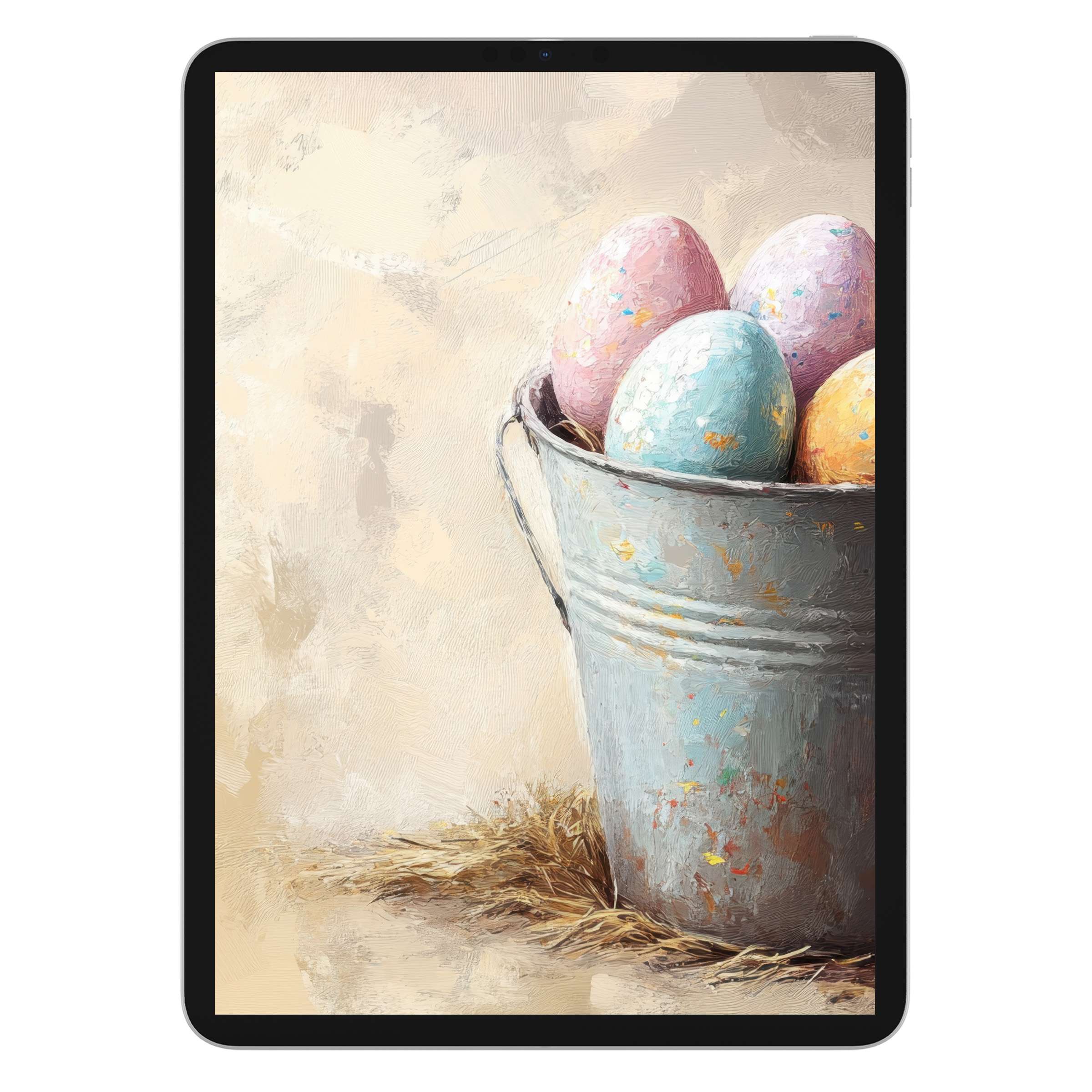 Easter iPad wallpaper featuring pastel eggs in a rustic bucket offers a calming digital download background for tablets