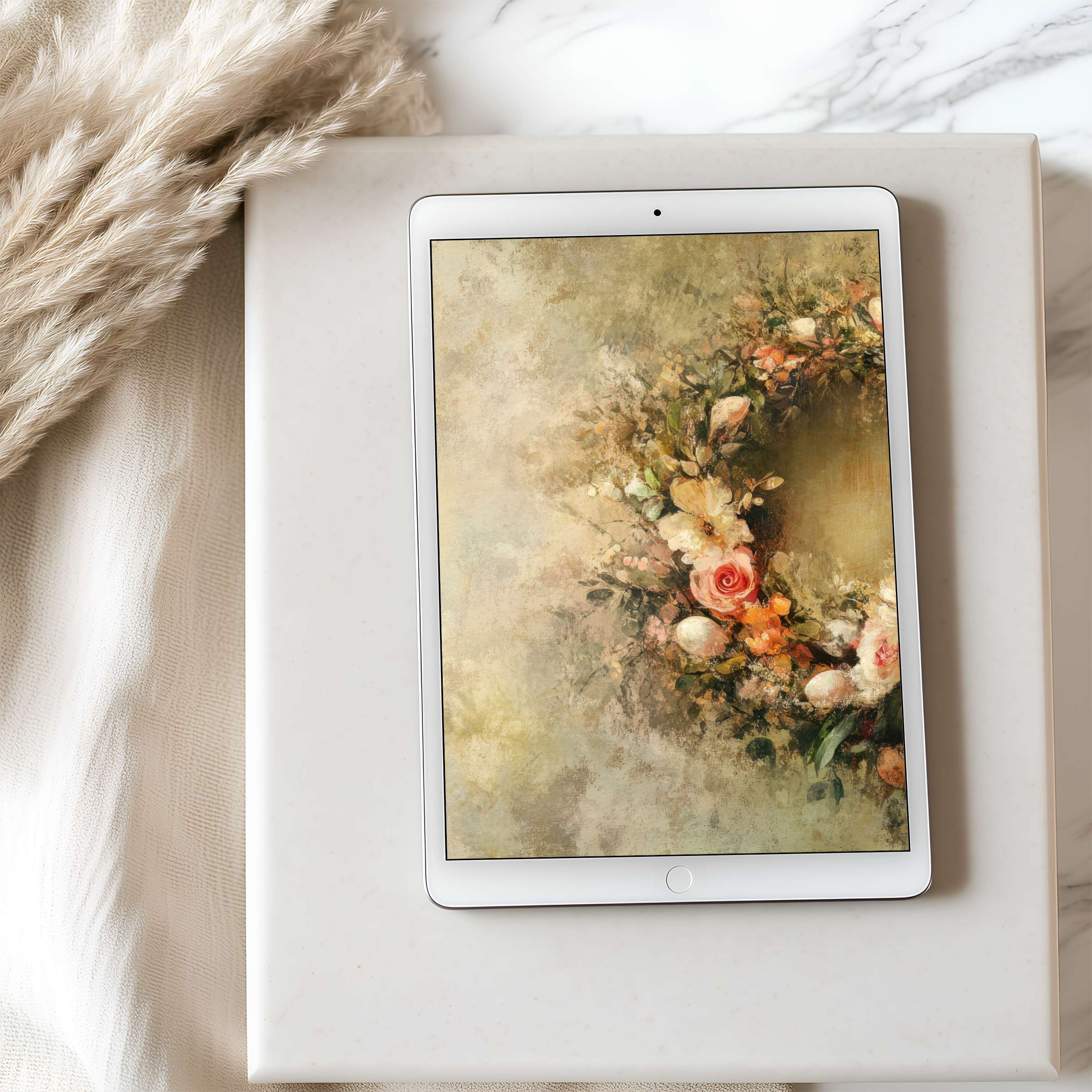 Elegant floral tablet wallpaper with warm, soothing tones perfect for high-resolution iPad screens offering tranquility and easy digital download