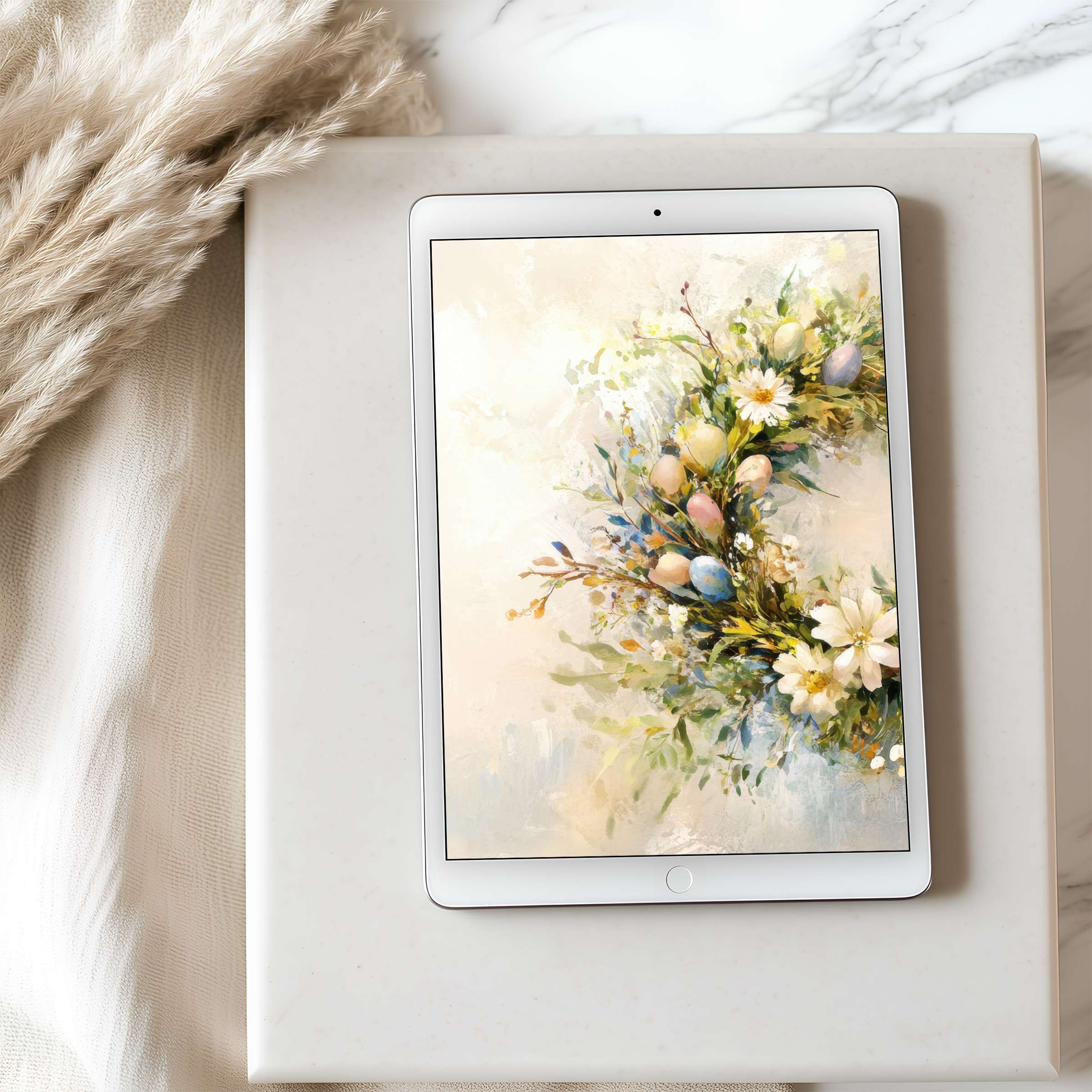 Elegant floral tablet wallpaper in soft pastels featuring botanical art, perfect for high resolution iPad and Android download