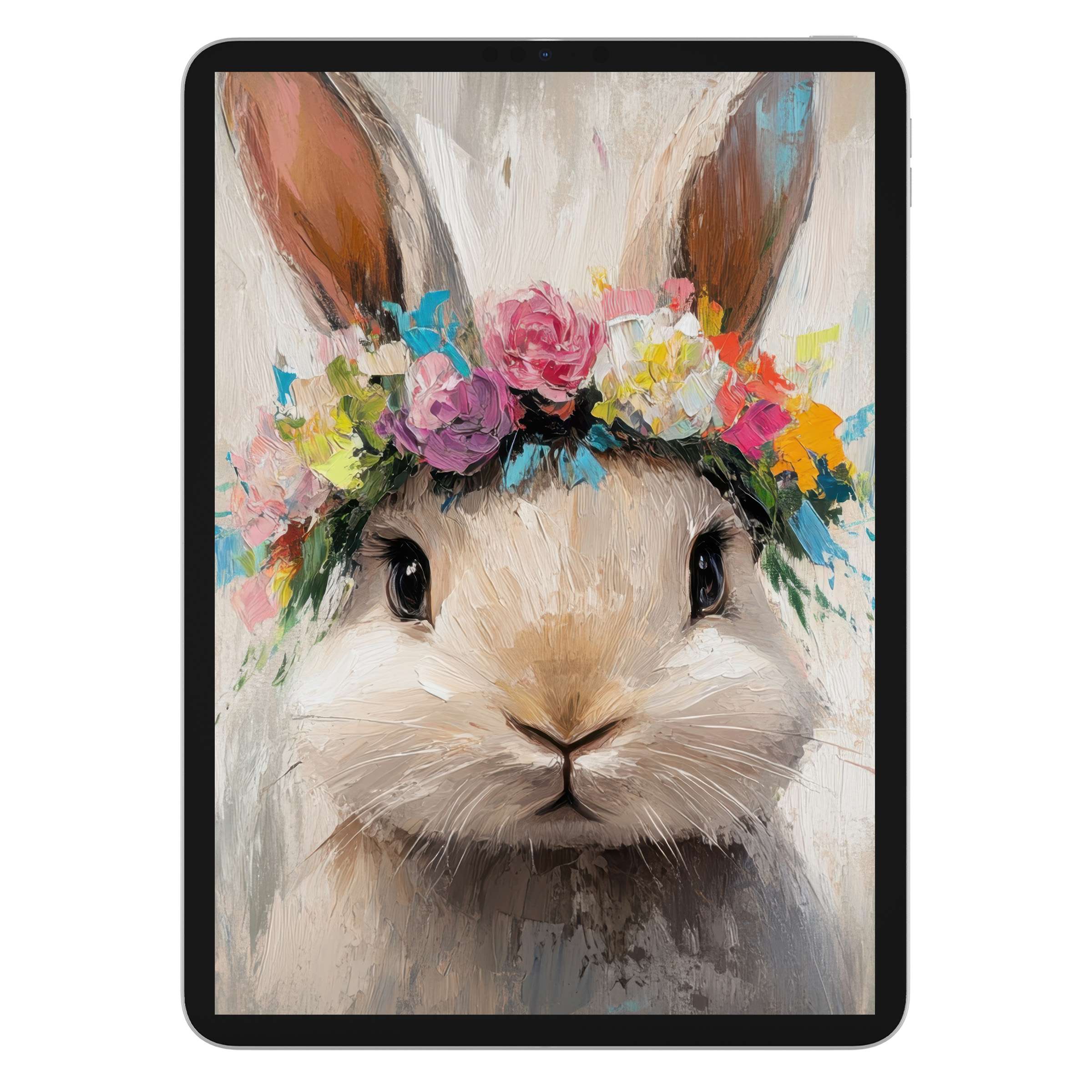 Elegant easter iPad wallpaper featuring a serene bunny with a vibrant floral crown, perfect digital download for tablet background