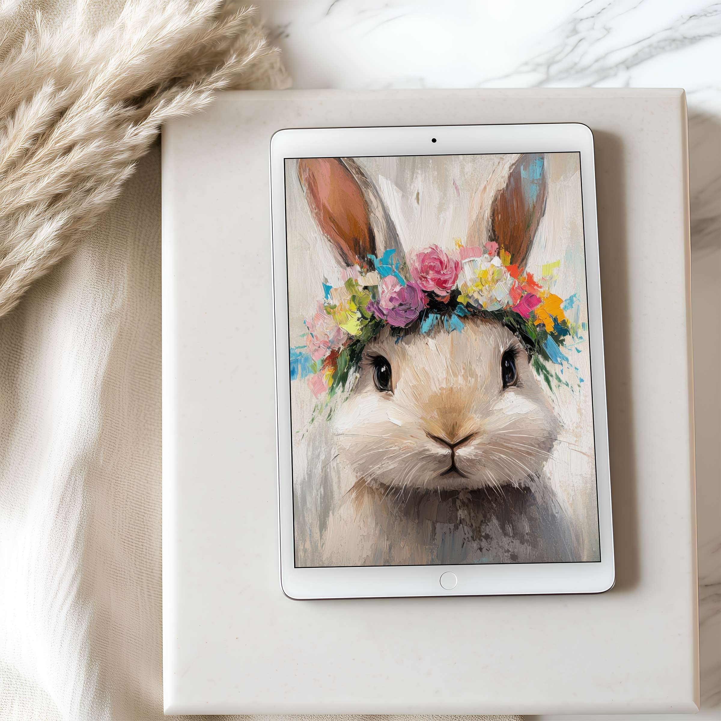 Serene floral bunny tablet wallpaper in high resolution adds elegance to iPad; perfect for calm, eco-friendly digital download