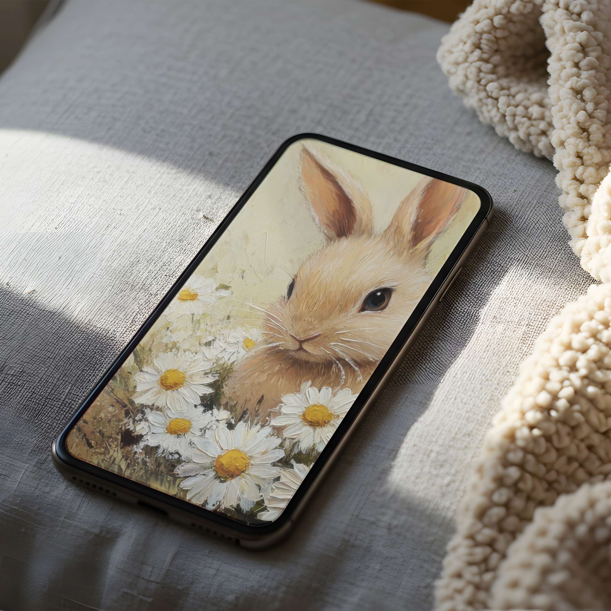 Charming phone wallpaper featuring a delicate bunny in a field of daisies, high resolution for elegant iPhone or Android download