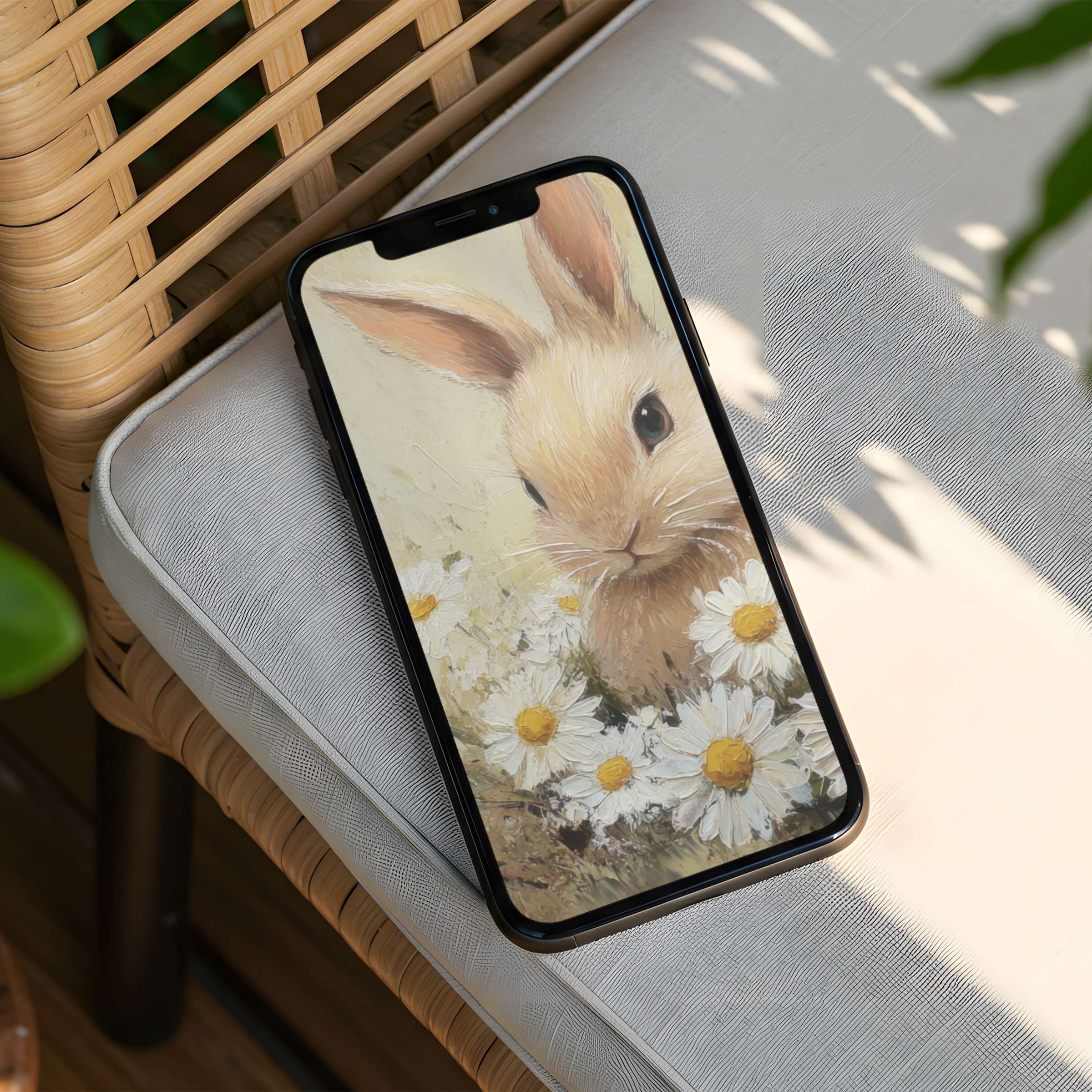 Elegant bunny among daisies iPhone background inspires calm and mindfulness perfect for phones instant download for stylish serenity
