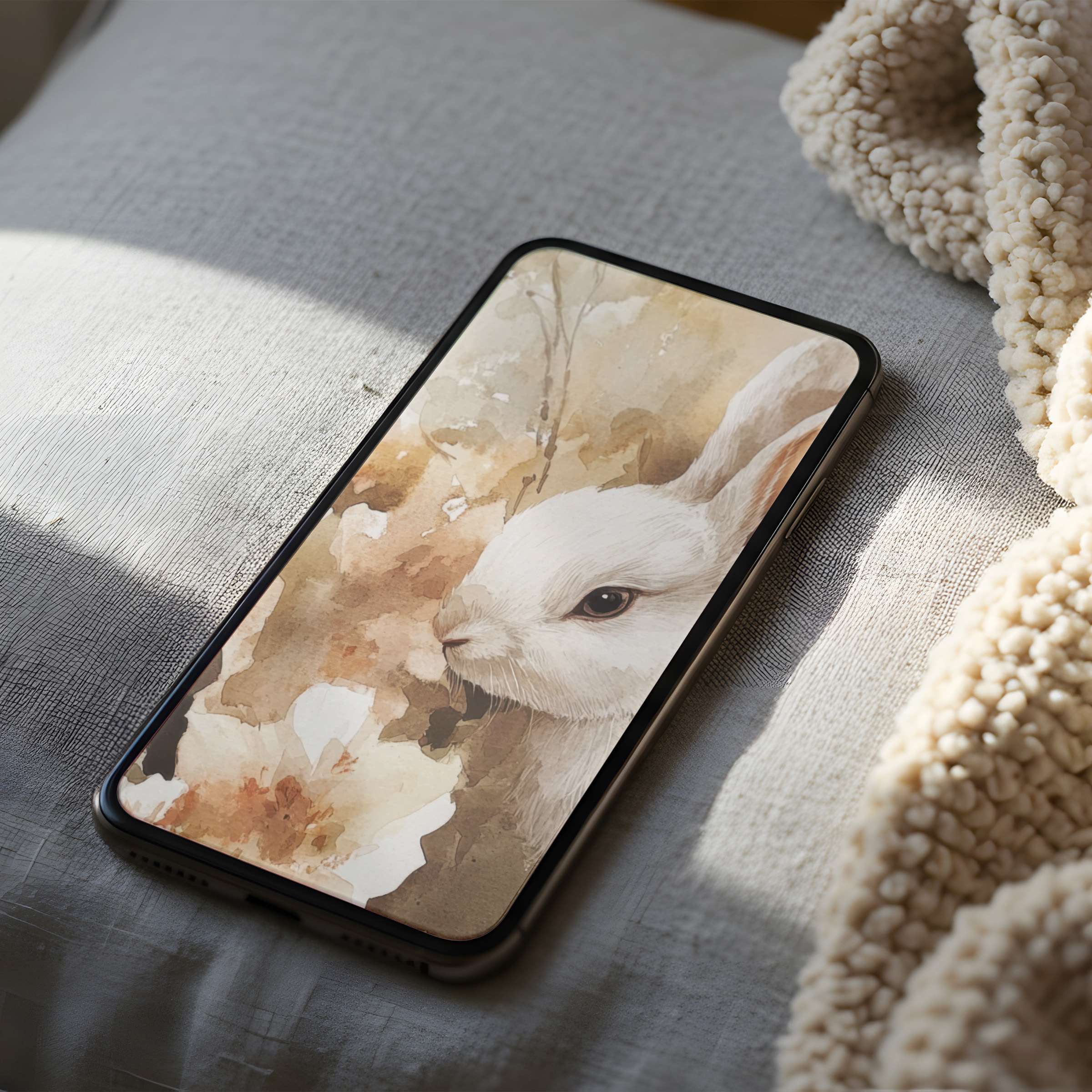 Elegant watercolor bunny phone wallpaper in calming earth tones, perfect for iPhone and Android high-resolution digital download