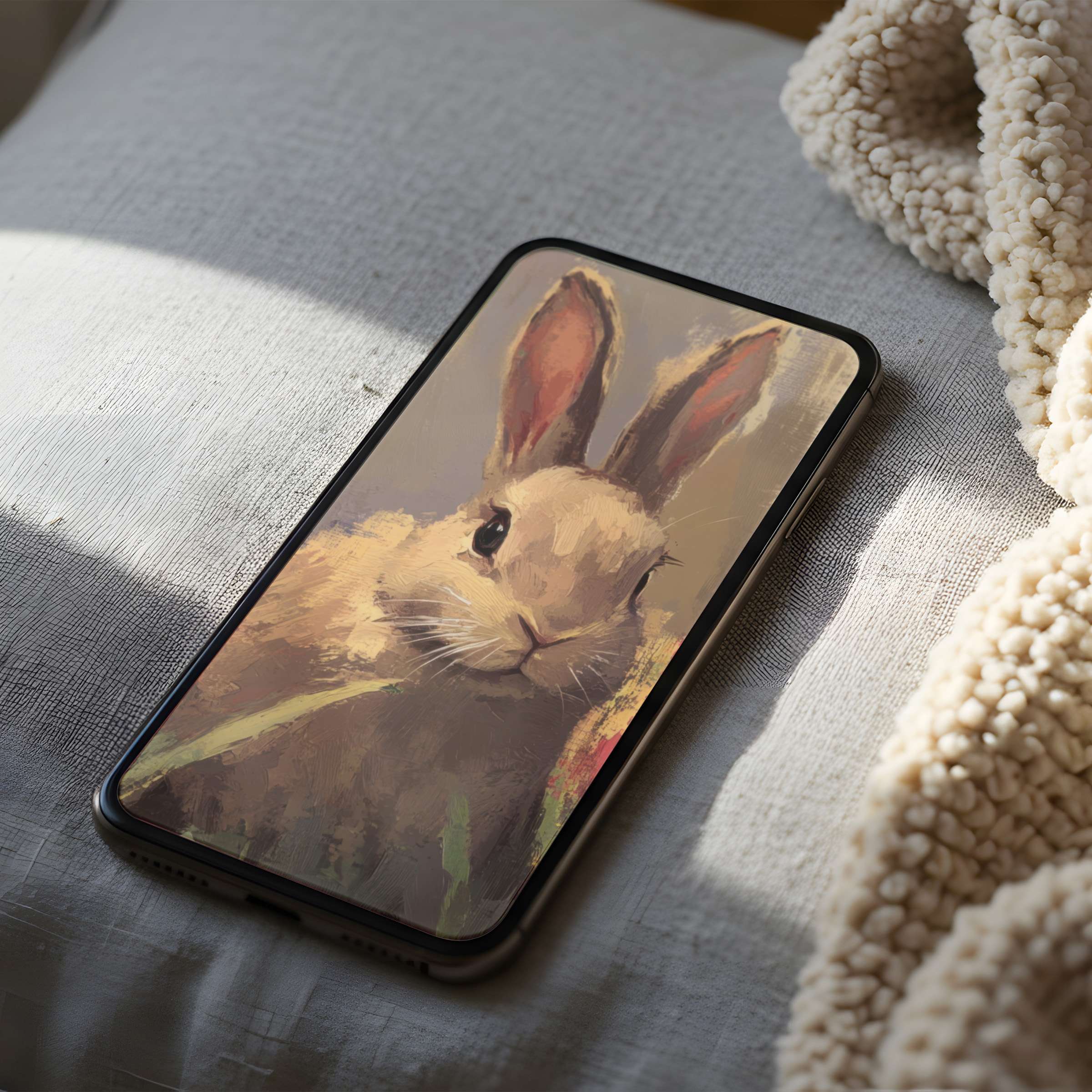 Cozy bunny digital art phone wallpaper in warm hues offers an elegant touch for iPhone and Android ideal for instant download